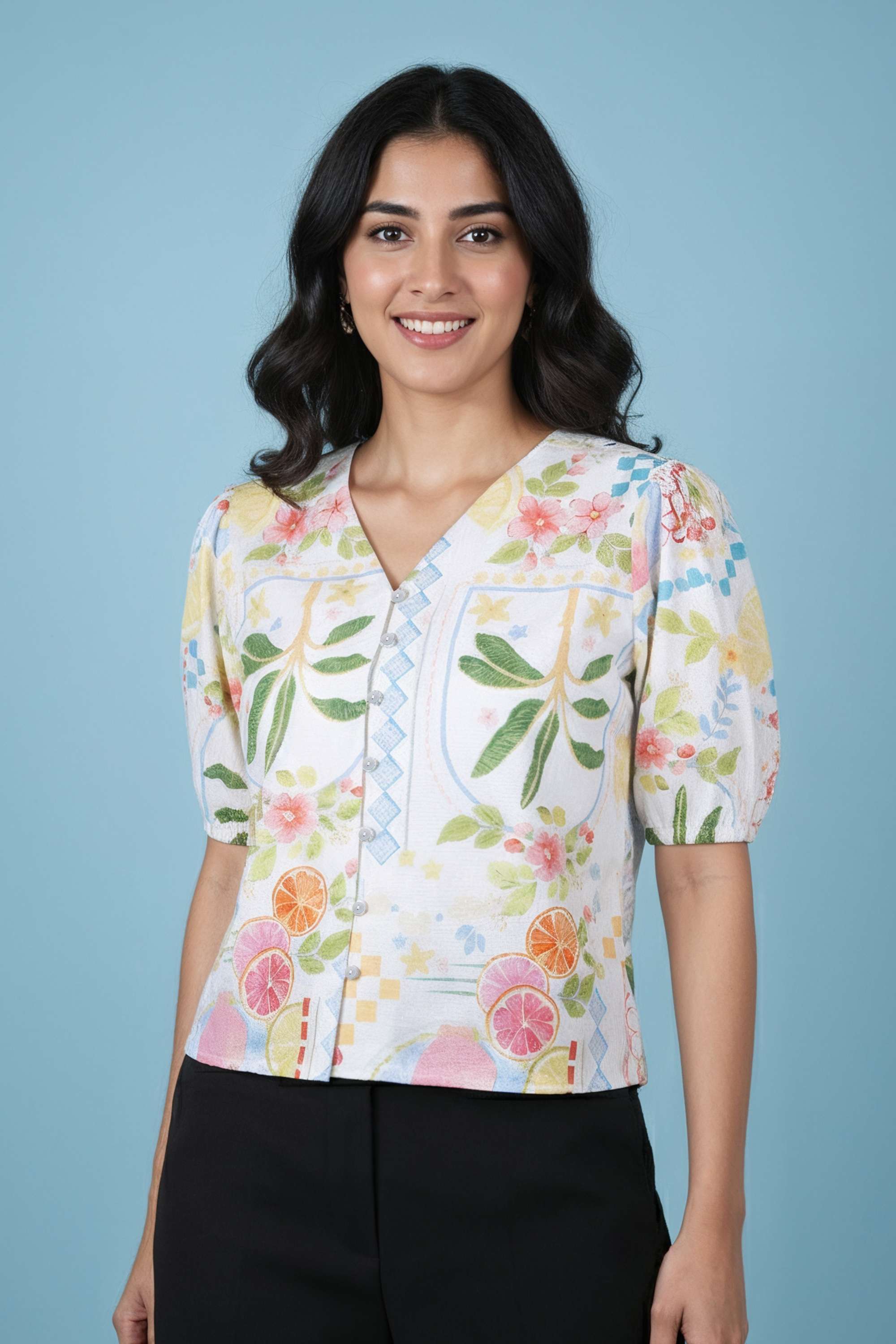Printed-Blended-Fabric-V-Neck-Women-s-Top