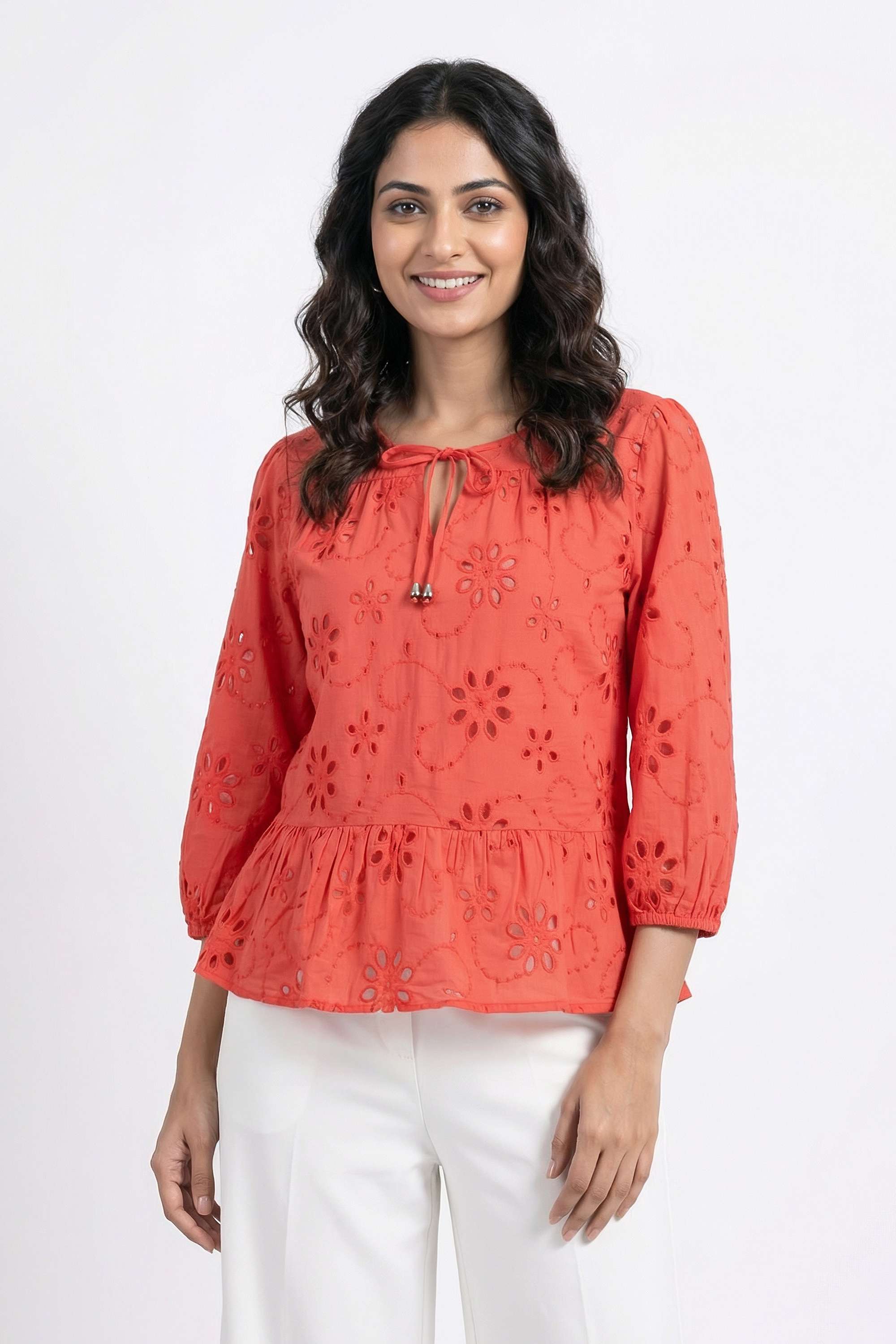 Solid-Cotton-Tie-Up-Neck-Women-s-Top