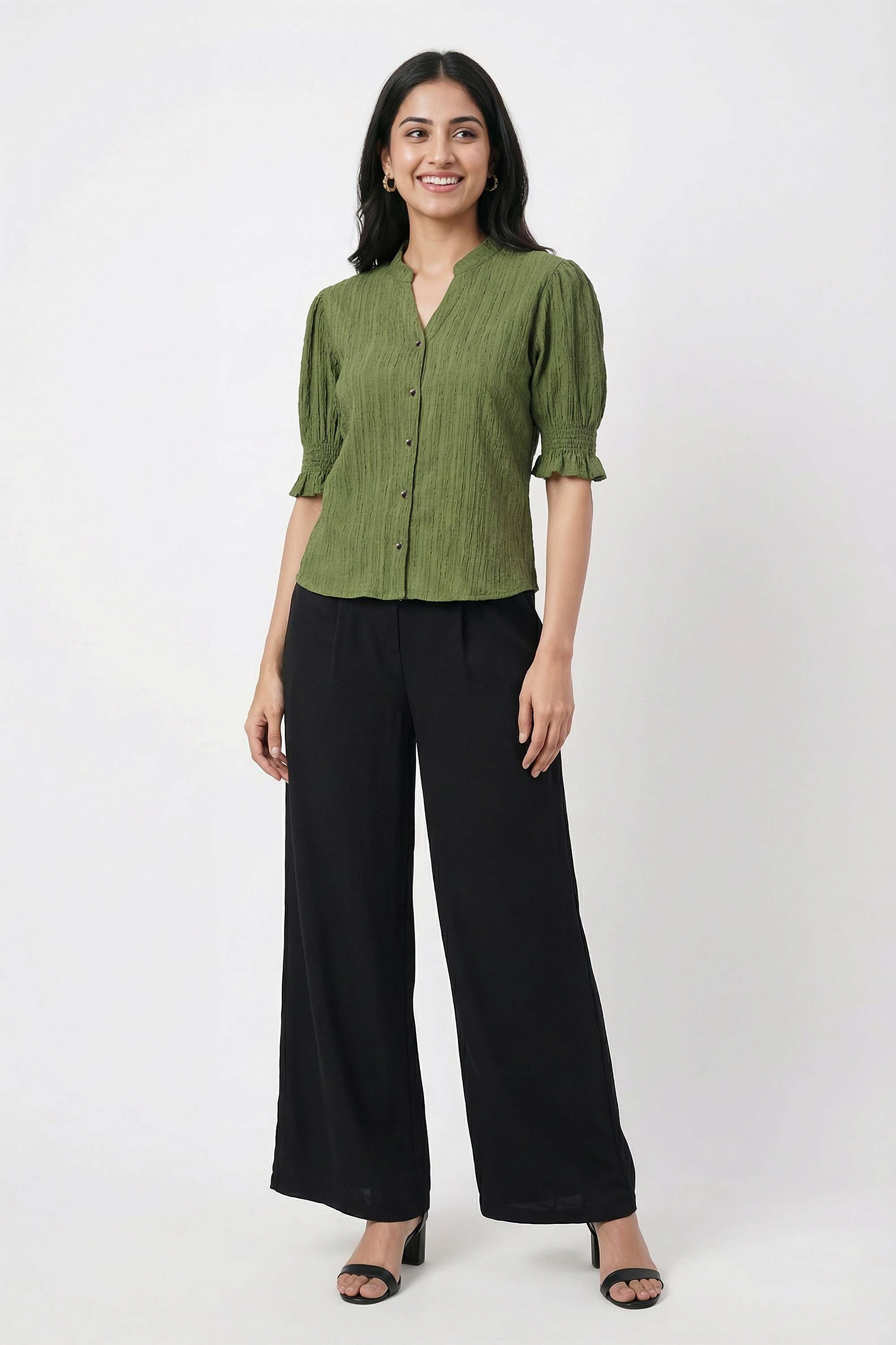 Textured-Cotton-V-Neck-Women-Top