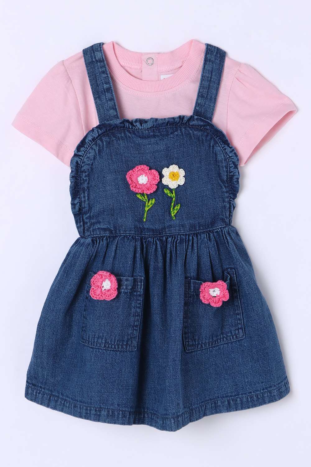 Solid-Cotton-Round-Neck-Infant-Girls-Casual-Wear-Dungaree