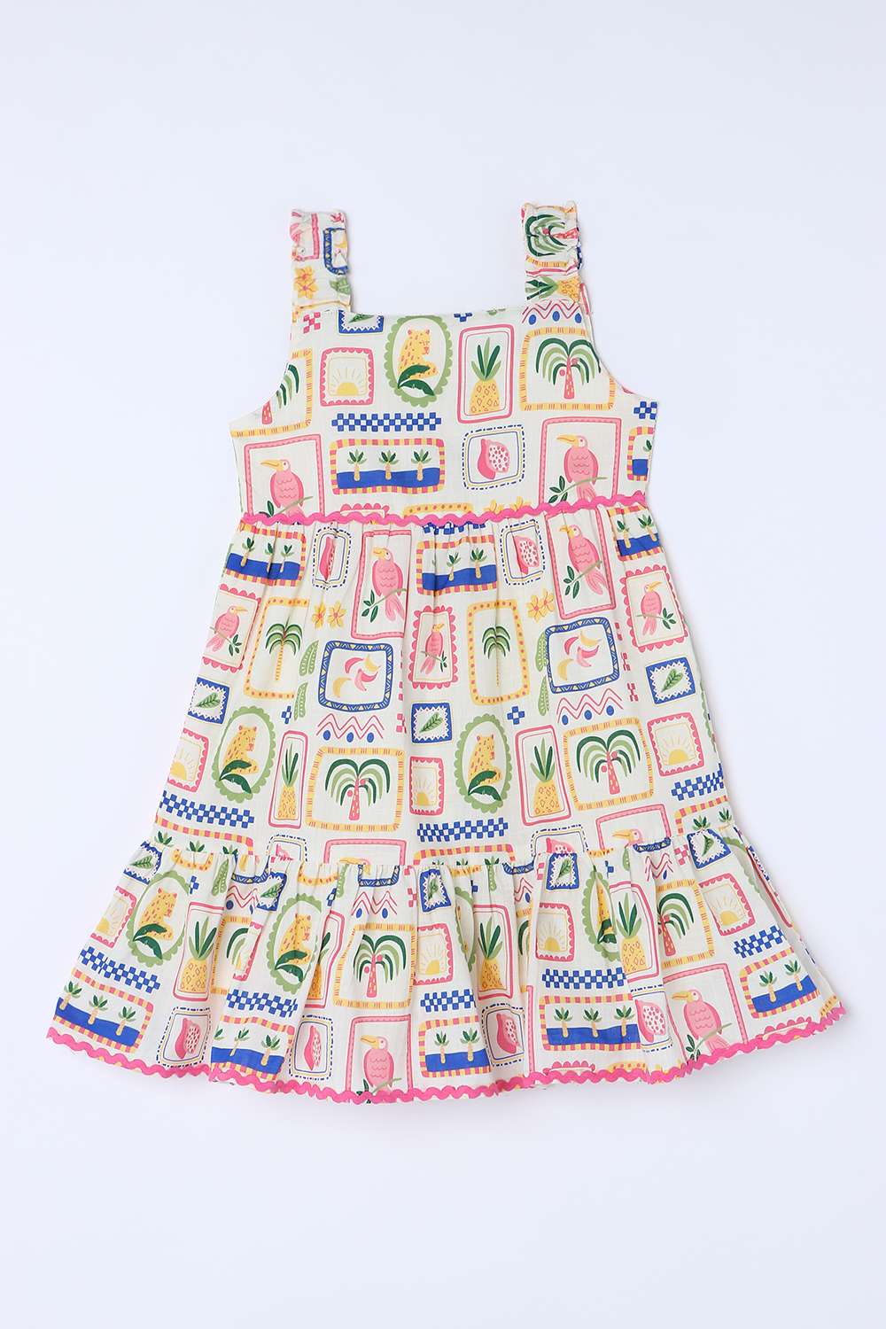 Graphic-Print-Blended-Fabric-Round-Neck-Girls-Casual-Wear-Dress