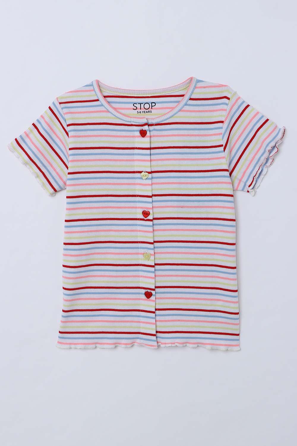 Stripes-Blended-Fabric-Round-Neck-Girls-T-Shirt