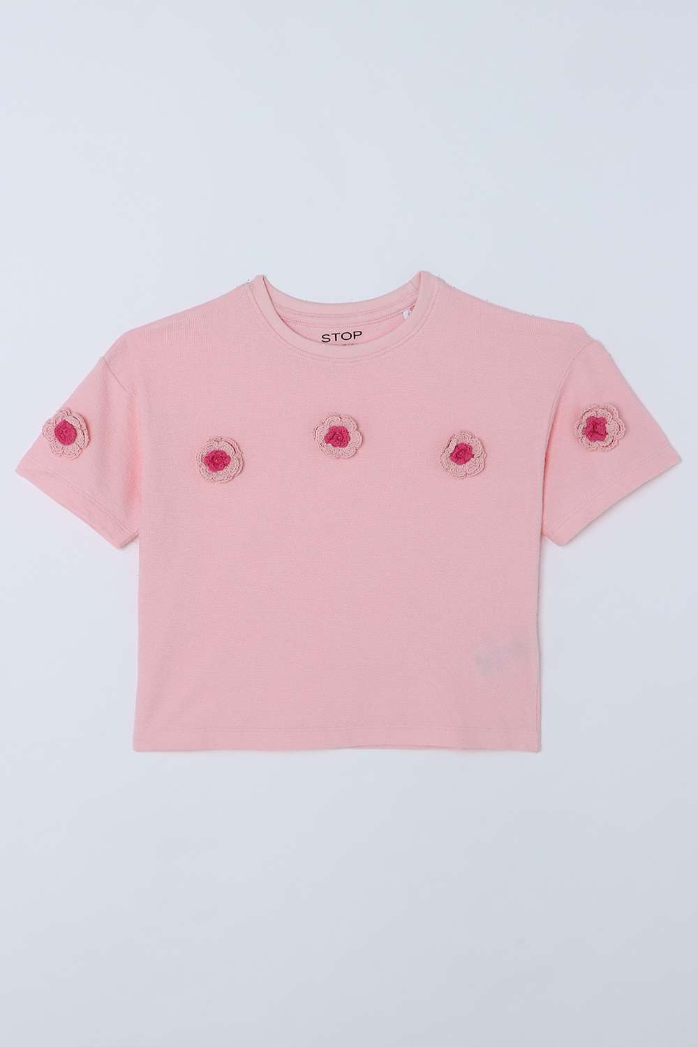 Solid-Blended-Fabric-Round-Neck-Girls-T-Shirt