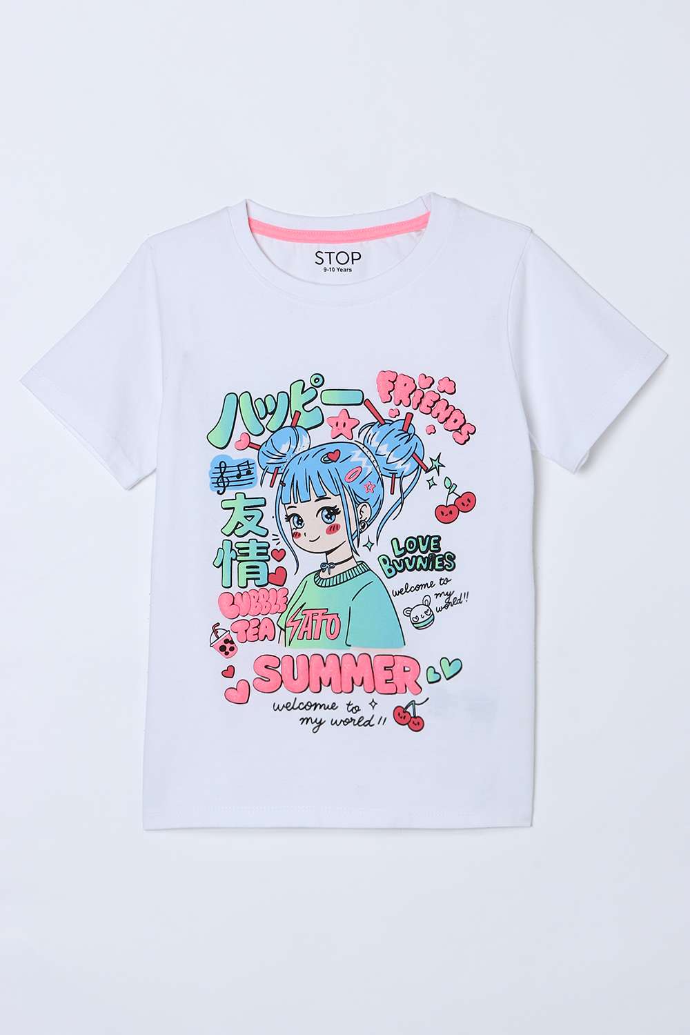 Graphic-Print-Blended-Fabric-Round-Neck-Girls-T-Shirt