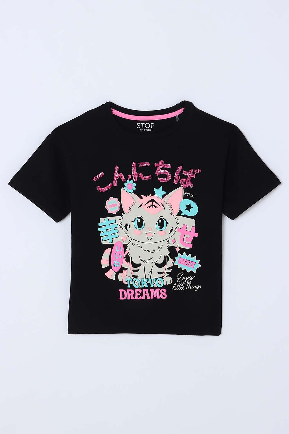 Graphic-Print-Blended-Fabric-Round-Neck-Girls-T-Shirt