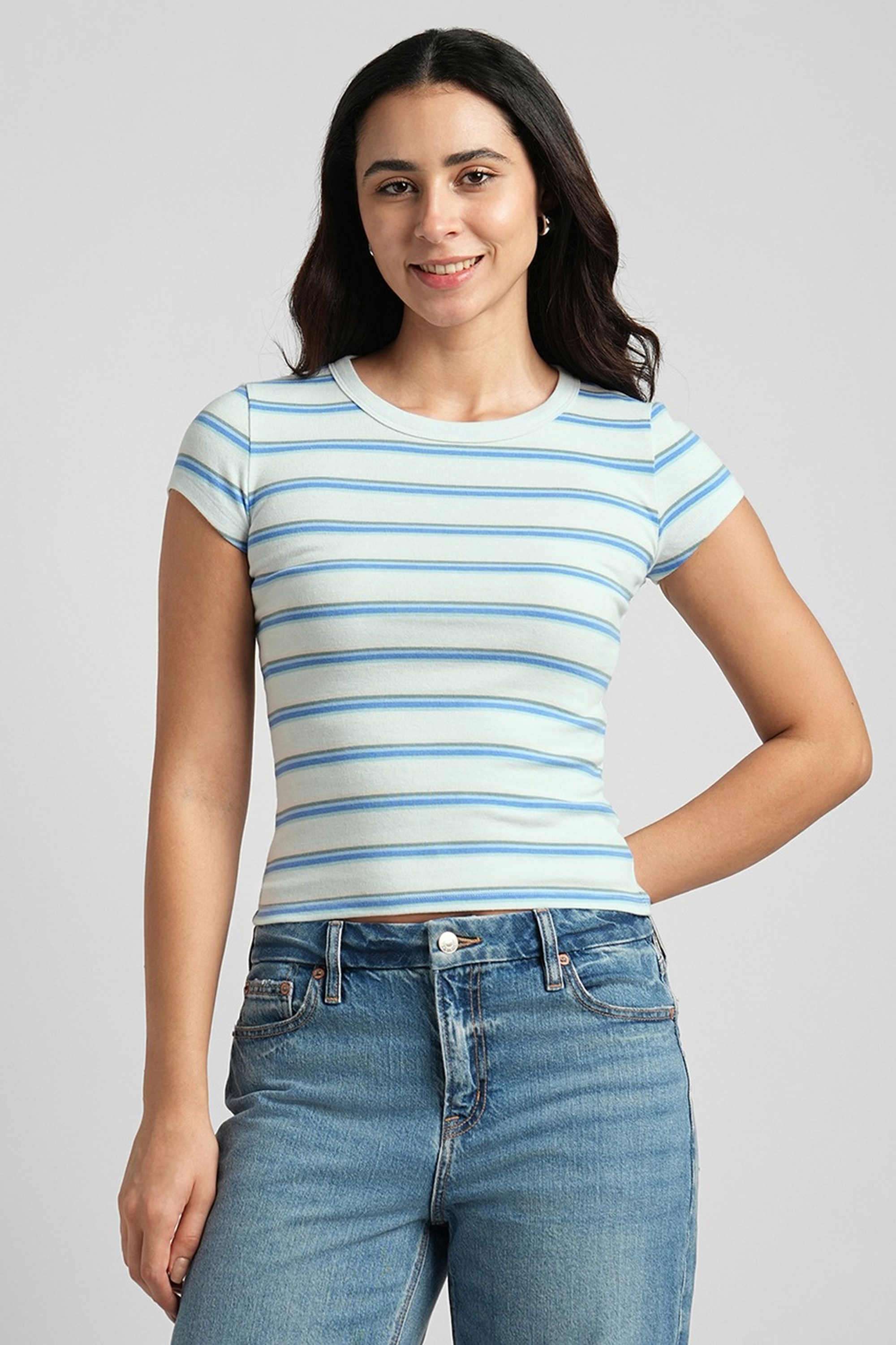 american eagle Stripes Blended Fabric Regular Fit Women's T-Shirt-picture-40