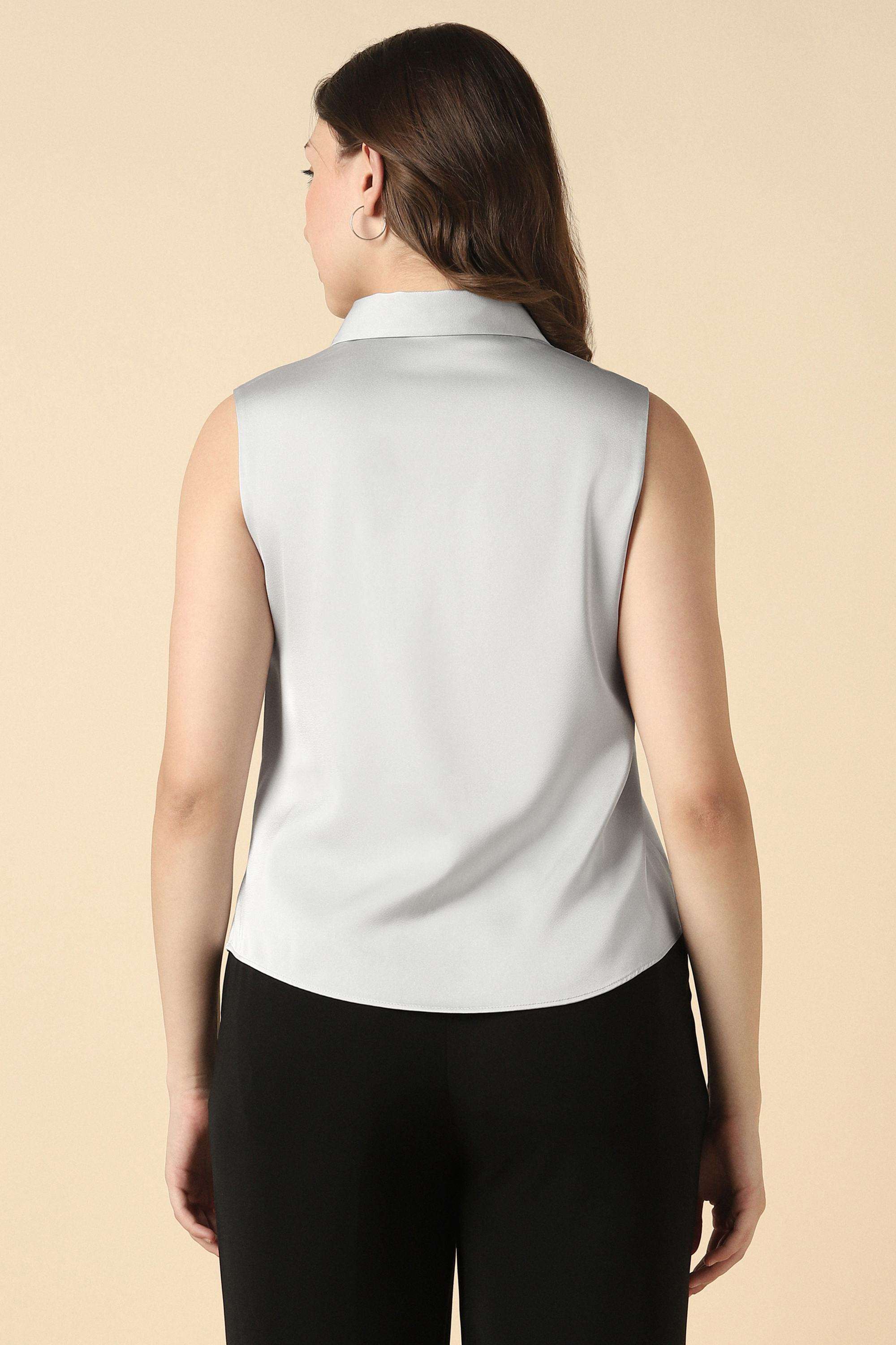Solid-Polyester-Round-Neck-Women-s-Top