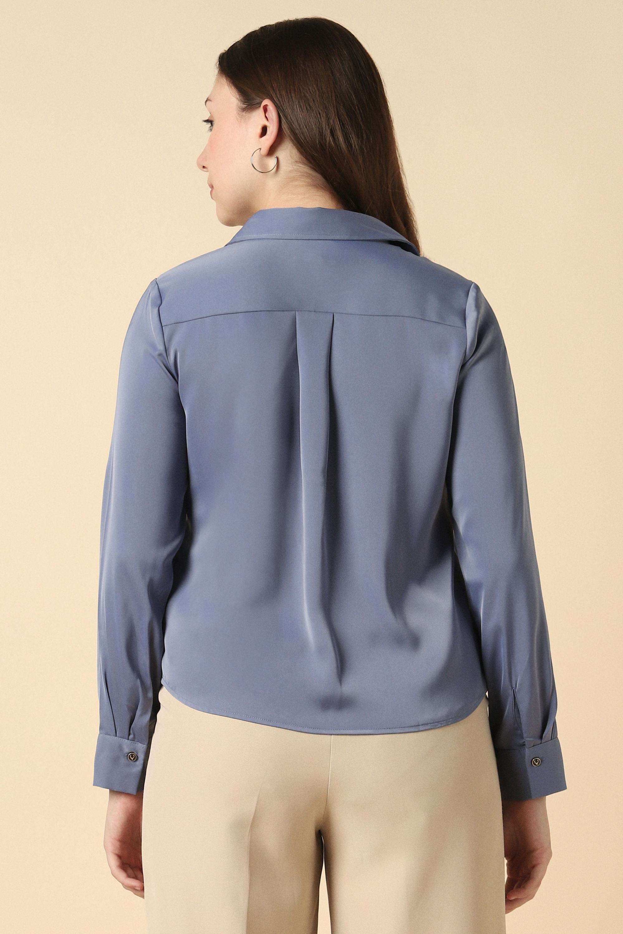 Solid-Polyester-V-Neck-Women-s-Shirt