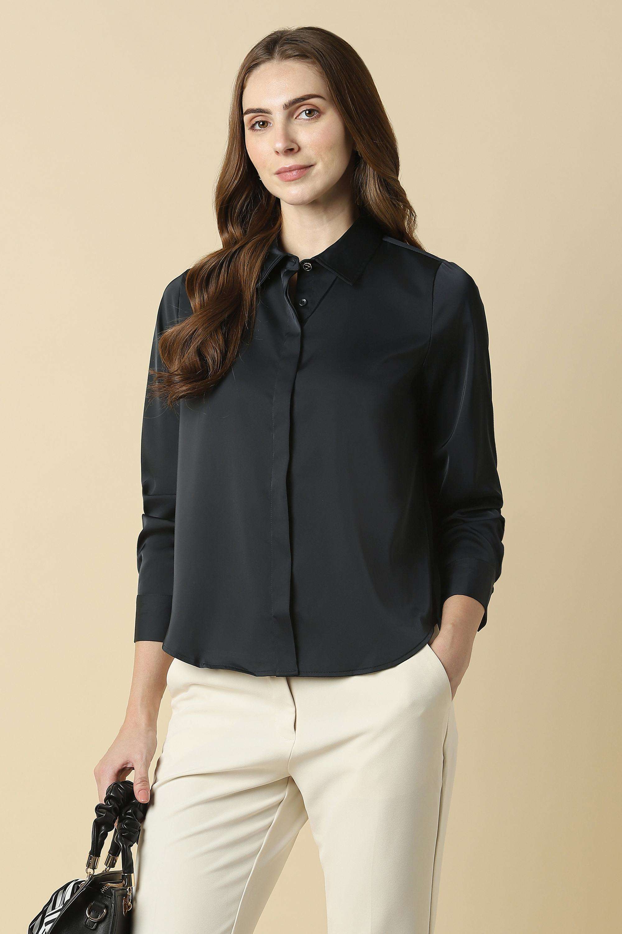 Solid-Polyester-V-Neck-Women-s-Shirt