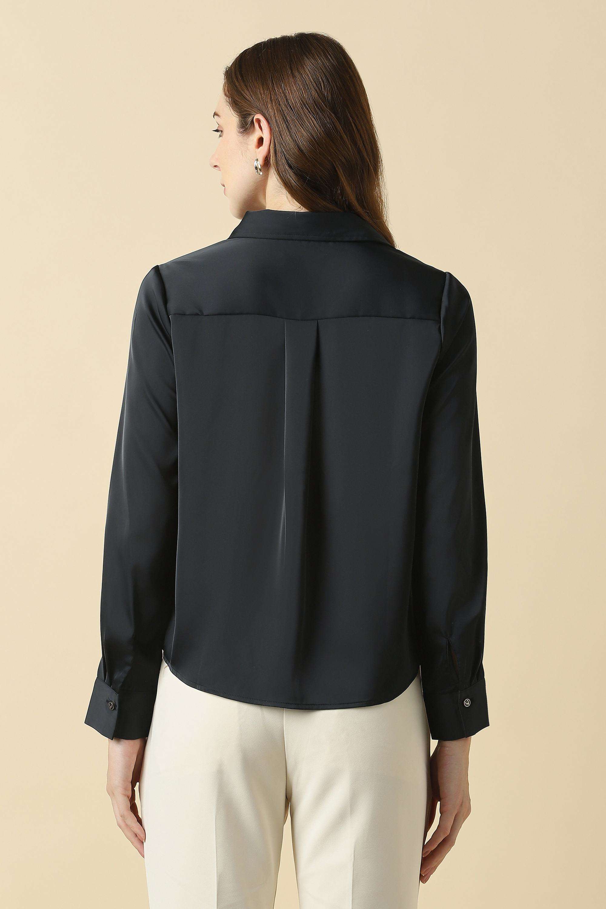 Solid-Polyester-V-Neck-Women-s-Shirt