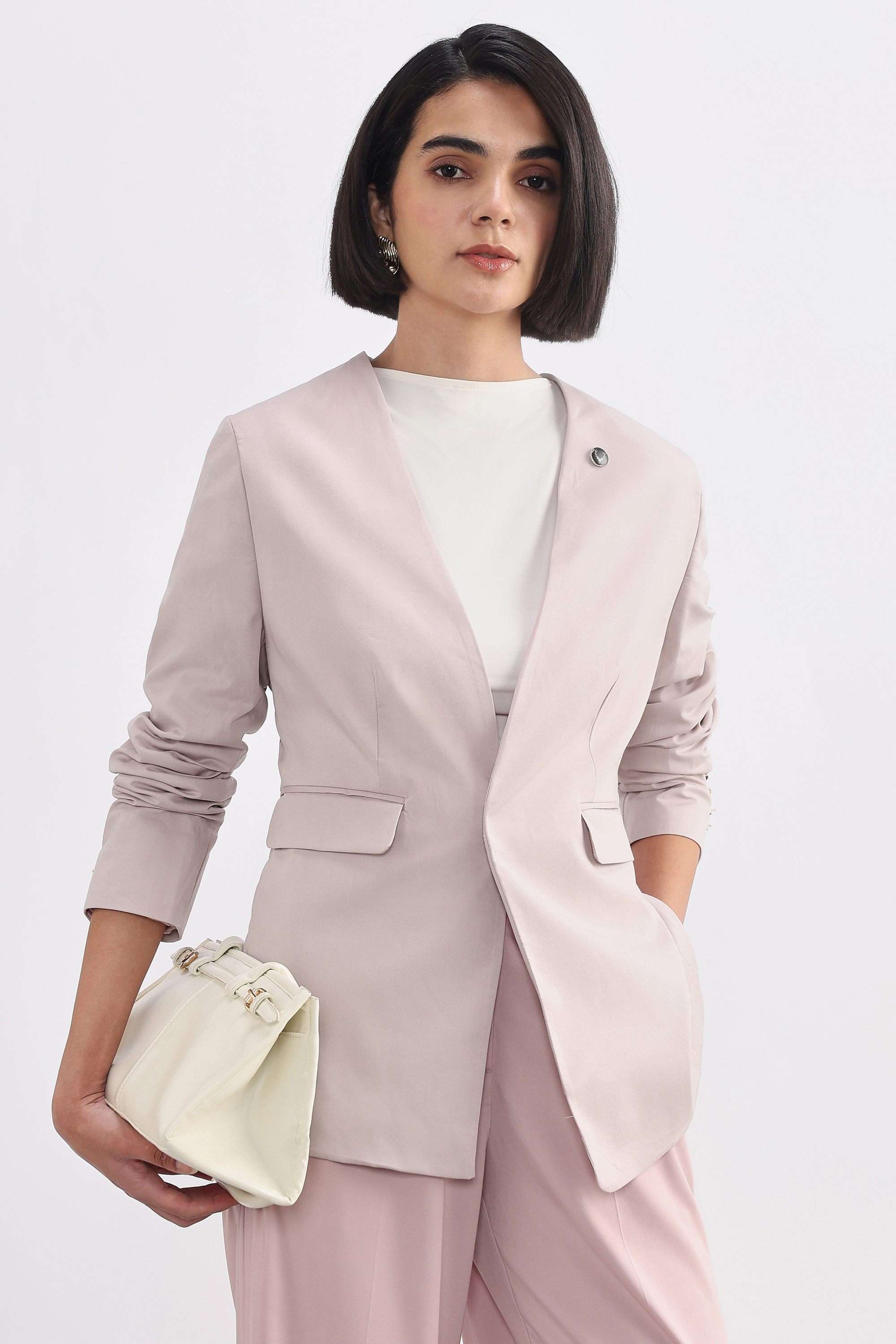Solid-V-Neck-Polyester-Women-s-Formal-Wear-Blazer