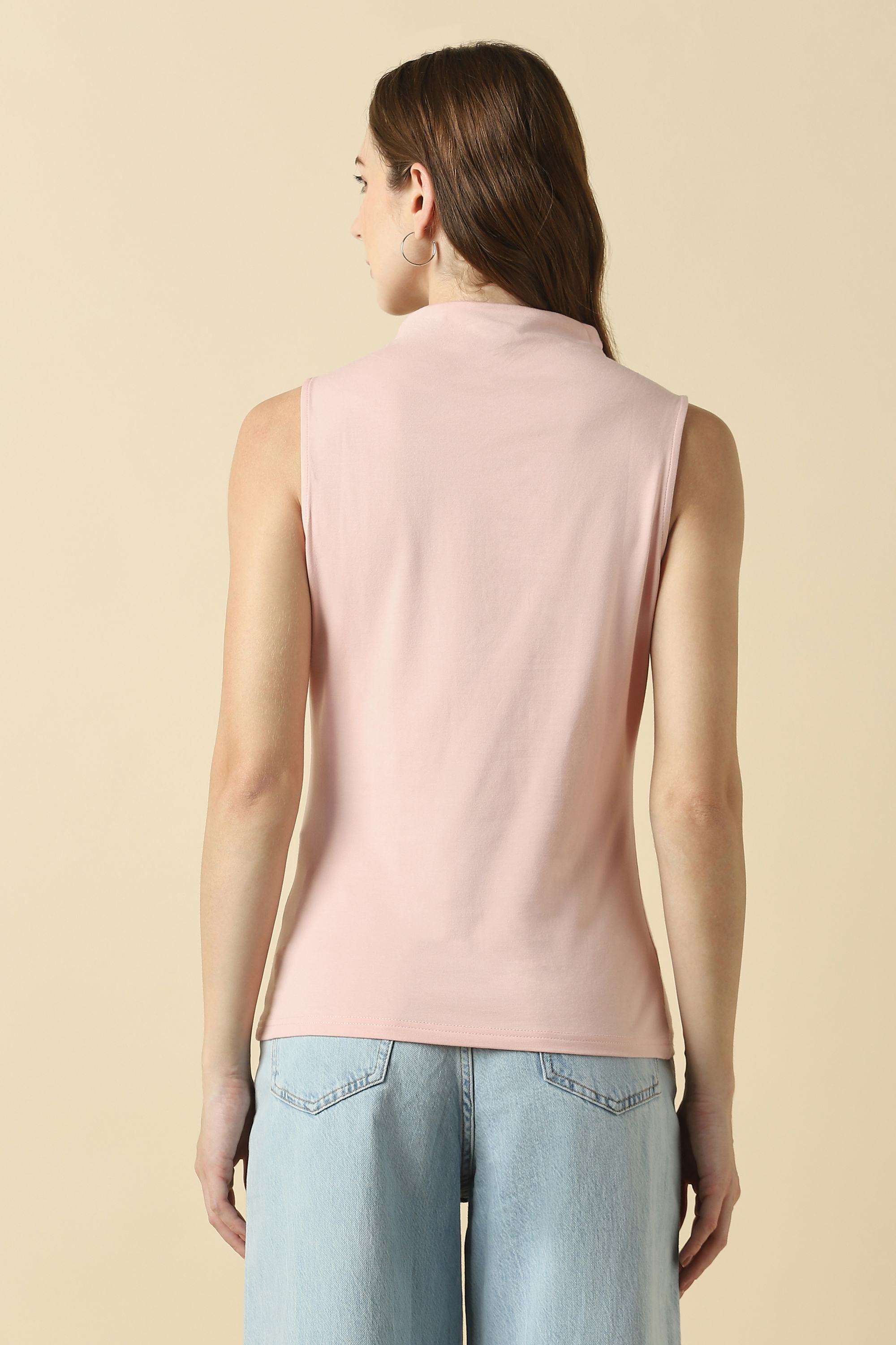 Solid-Cotton-Blend-High-Neck-Women-s-Top
