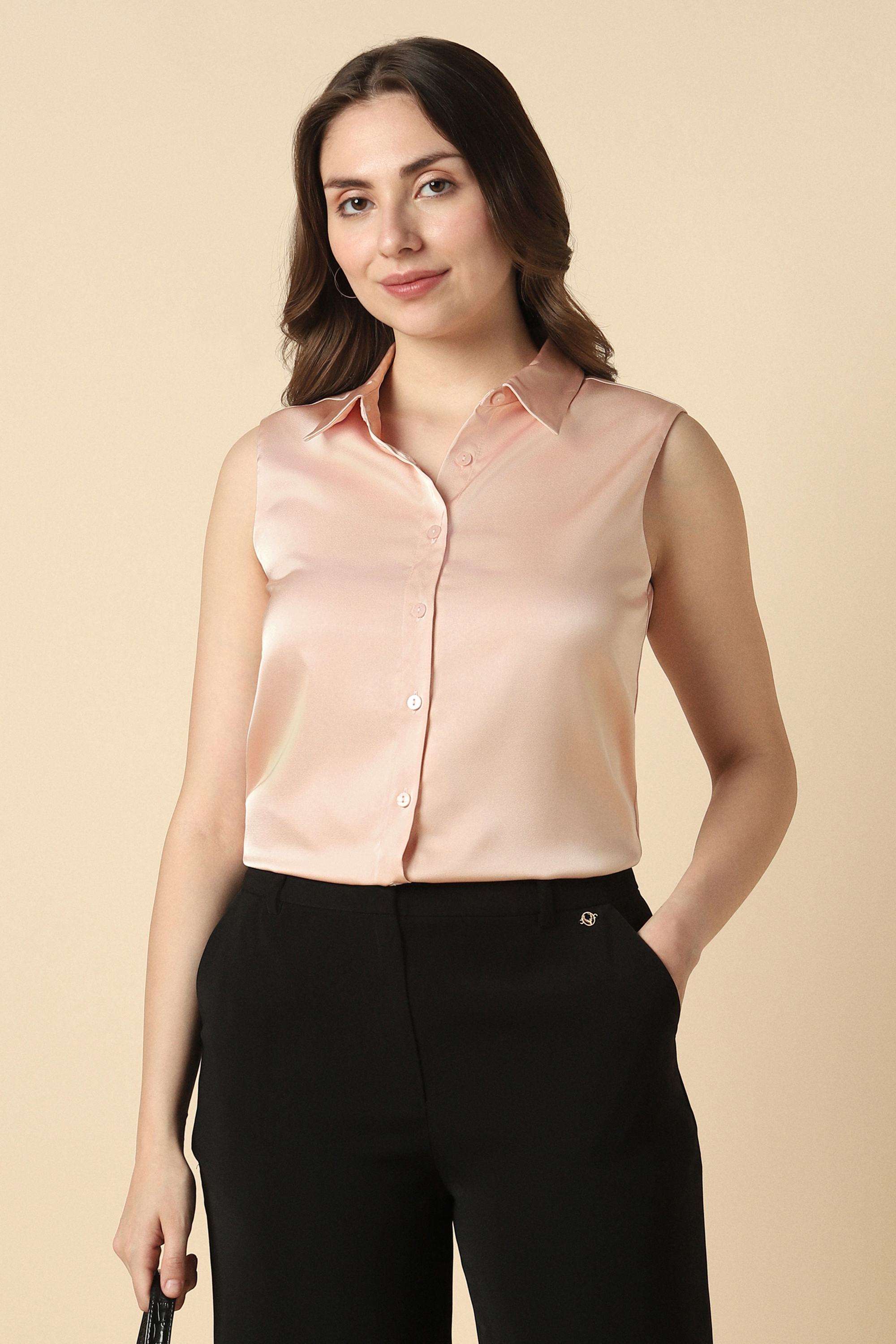 Solid-Polyester-Round-Neck-Women-s-Top