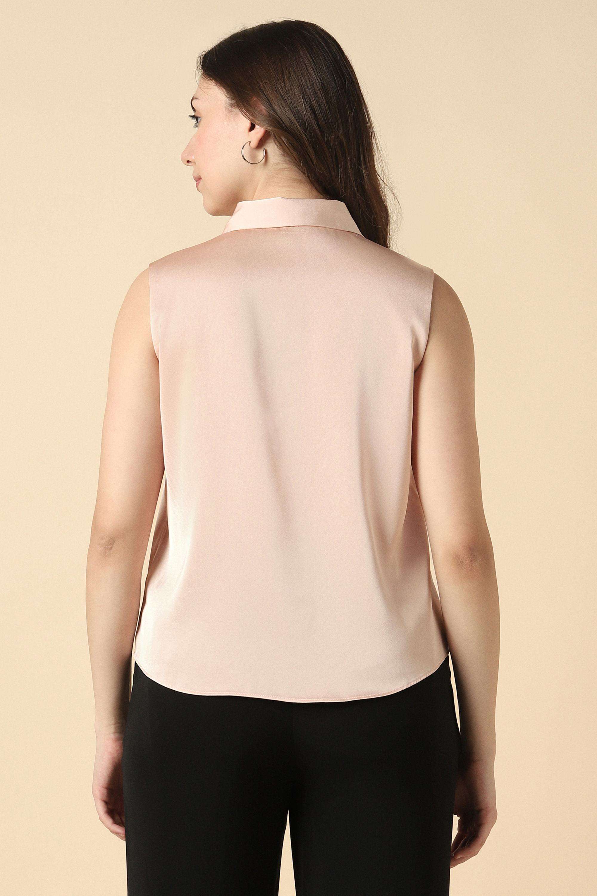 Solid-Polyester-Round-Neck-Women-s-Top