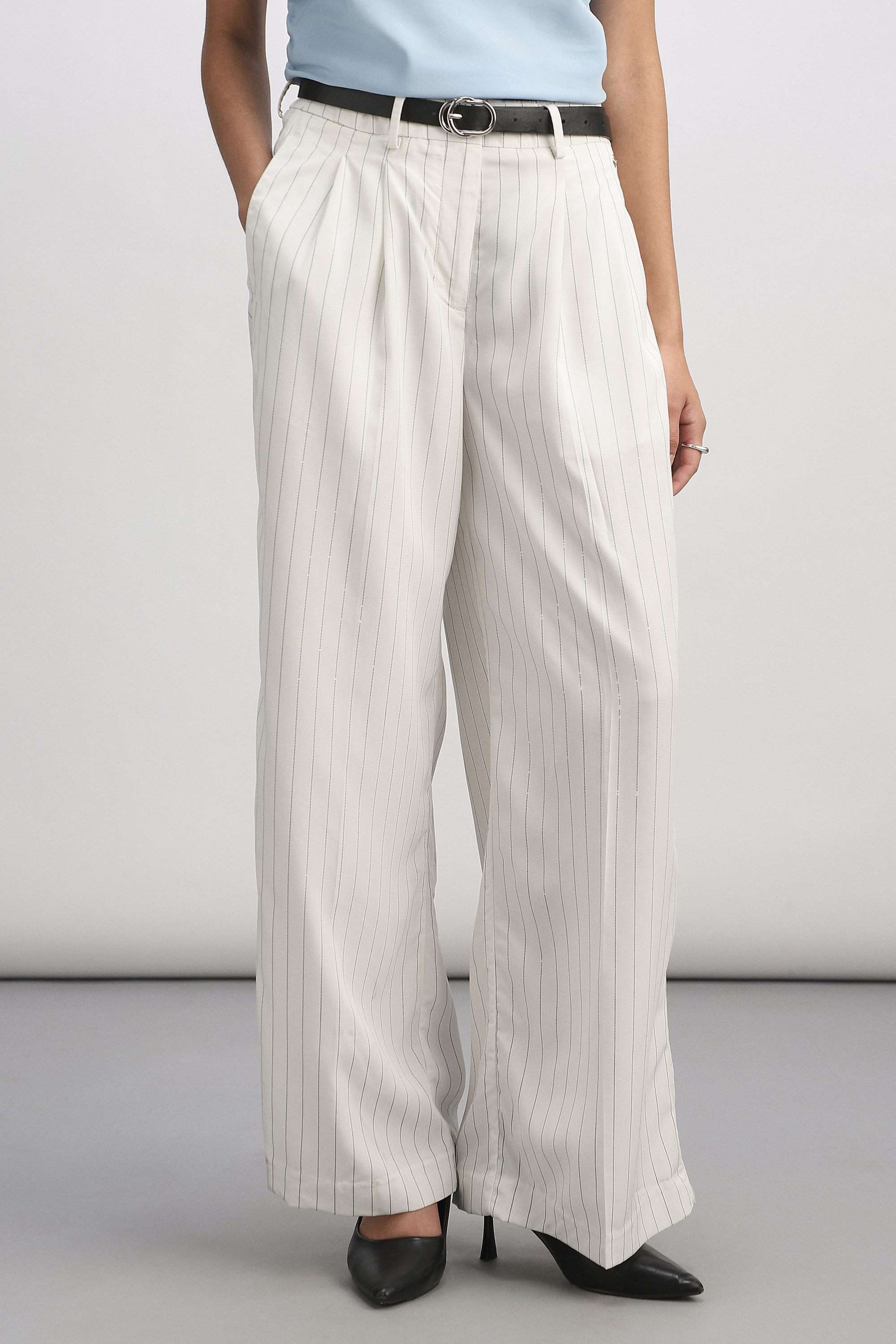 allen solly Stripes Wide Leg Fit Polyester Women's Work Trousers-picture-14
