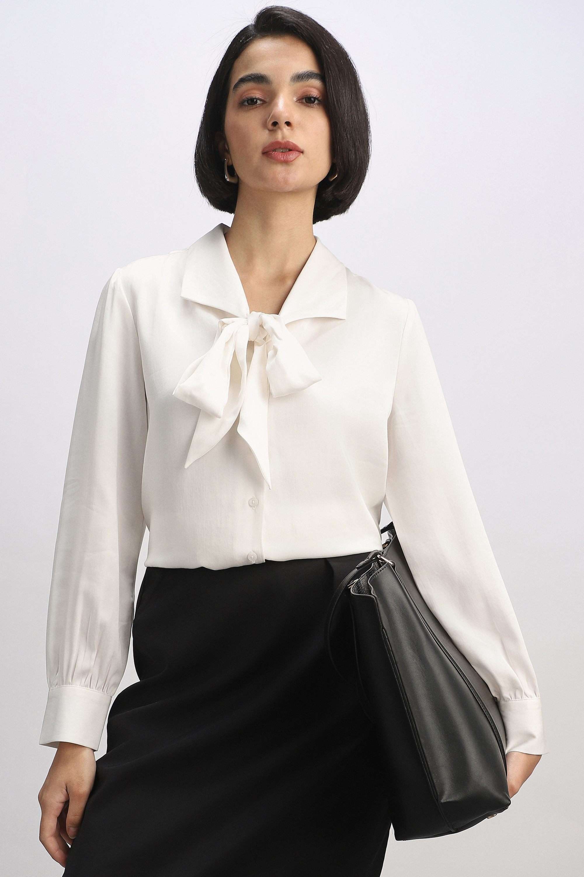 allen solly Solid Tie Up Neck Lyocell Women's Formal Wear Shirt-picture-39
