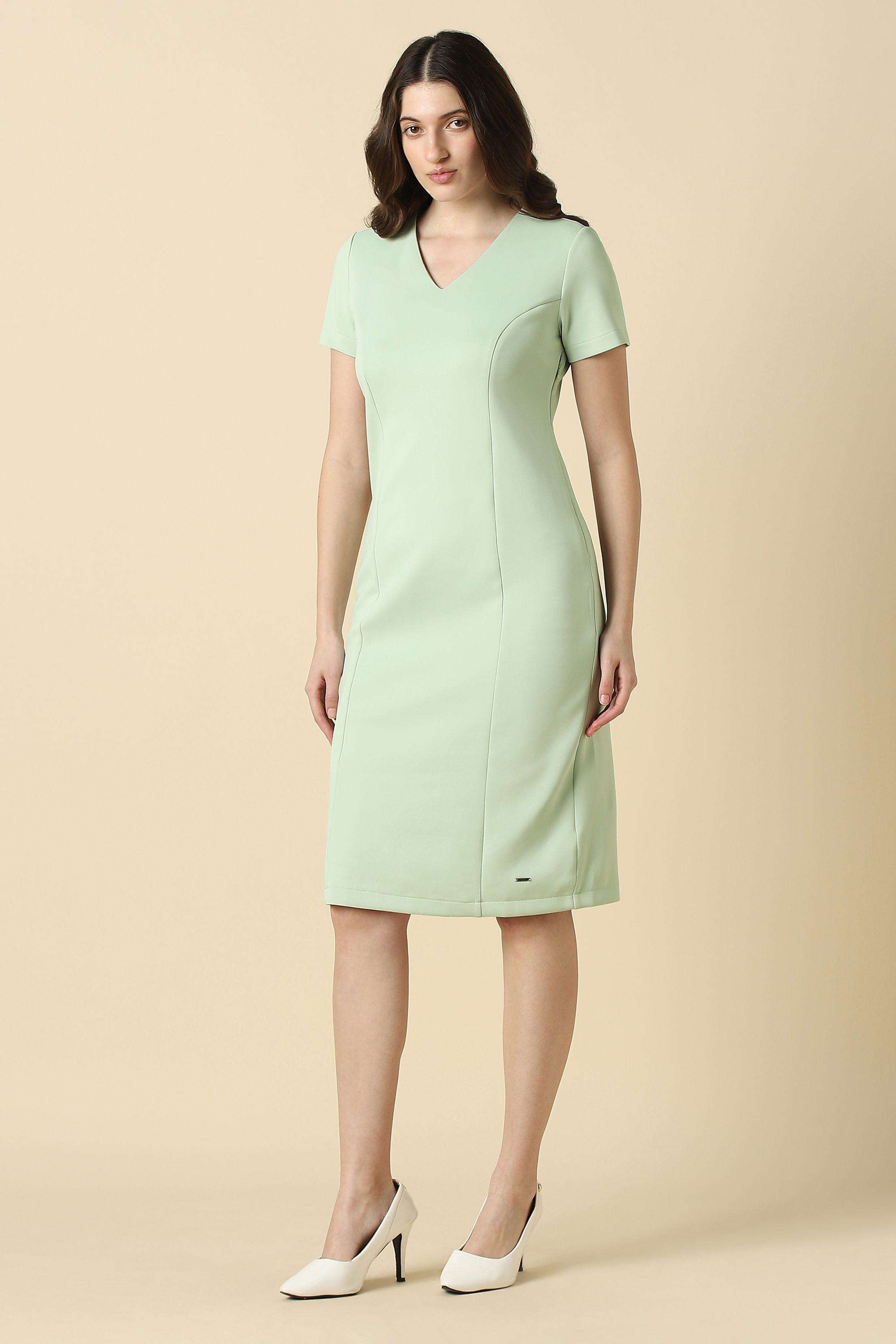 Solid-V-Neck-Polyester-Women-Dress