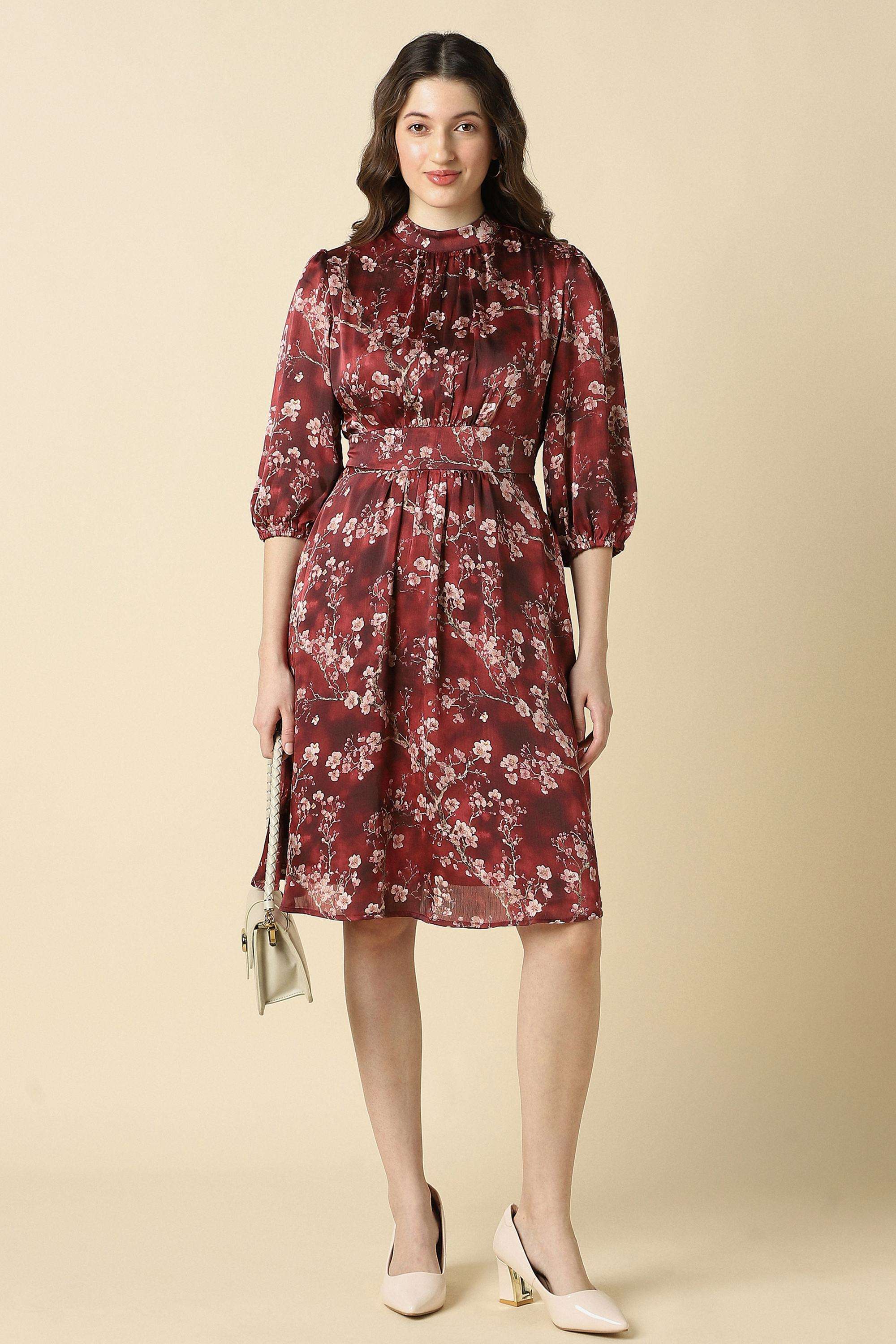 Printed-Polyester-High-Neck-Women-s-Dress