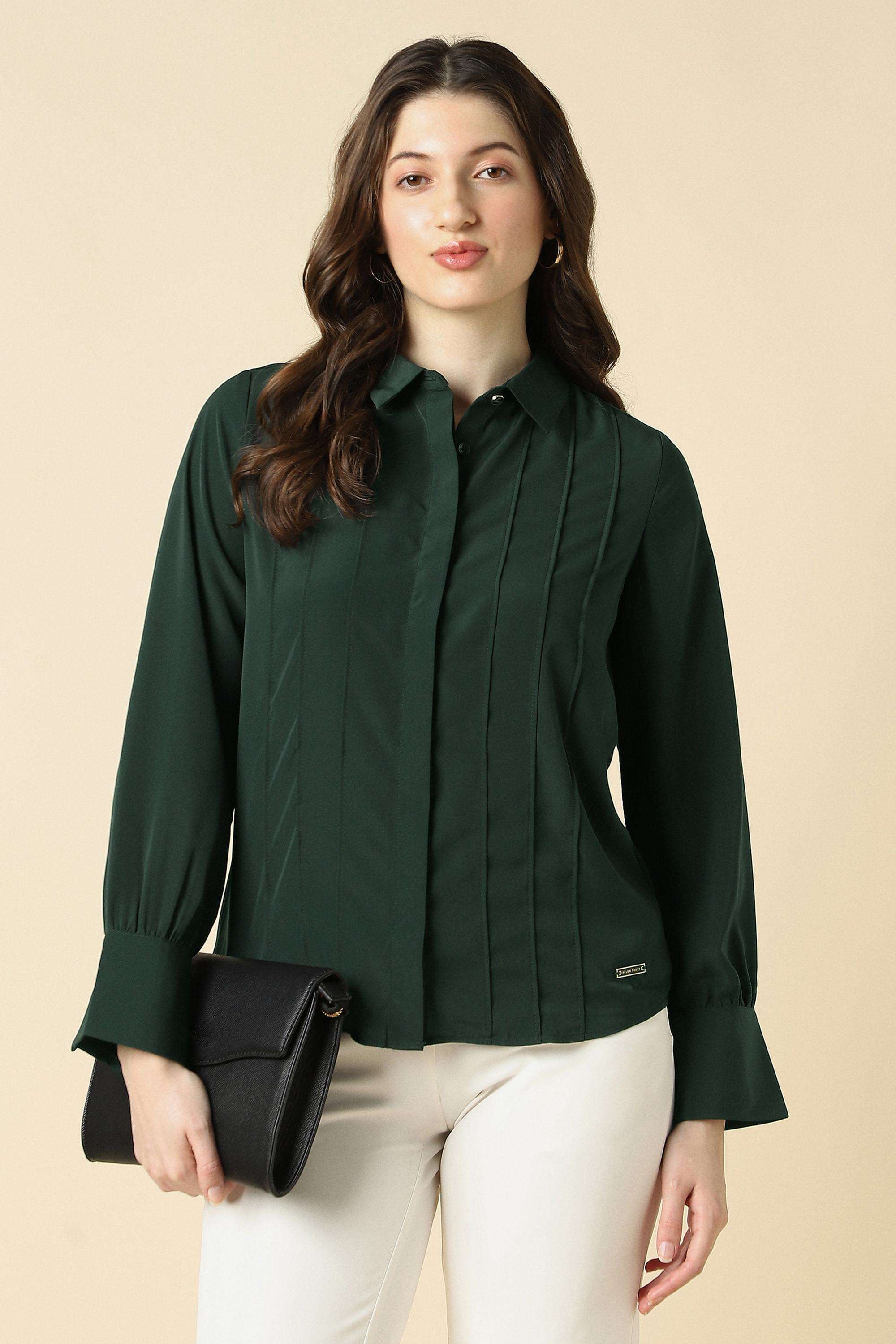 Solid-Polyester-V-Neck-Women-s-Shirt
