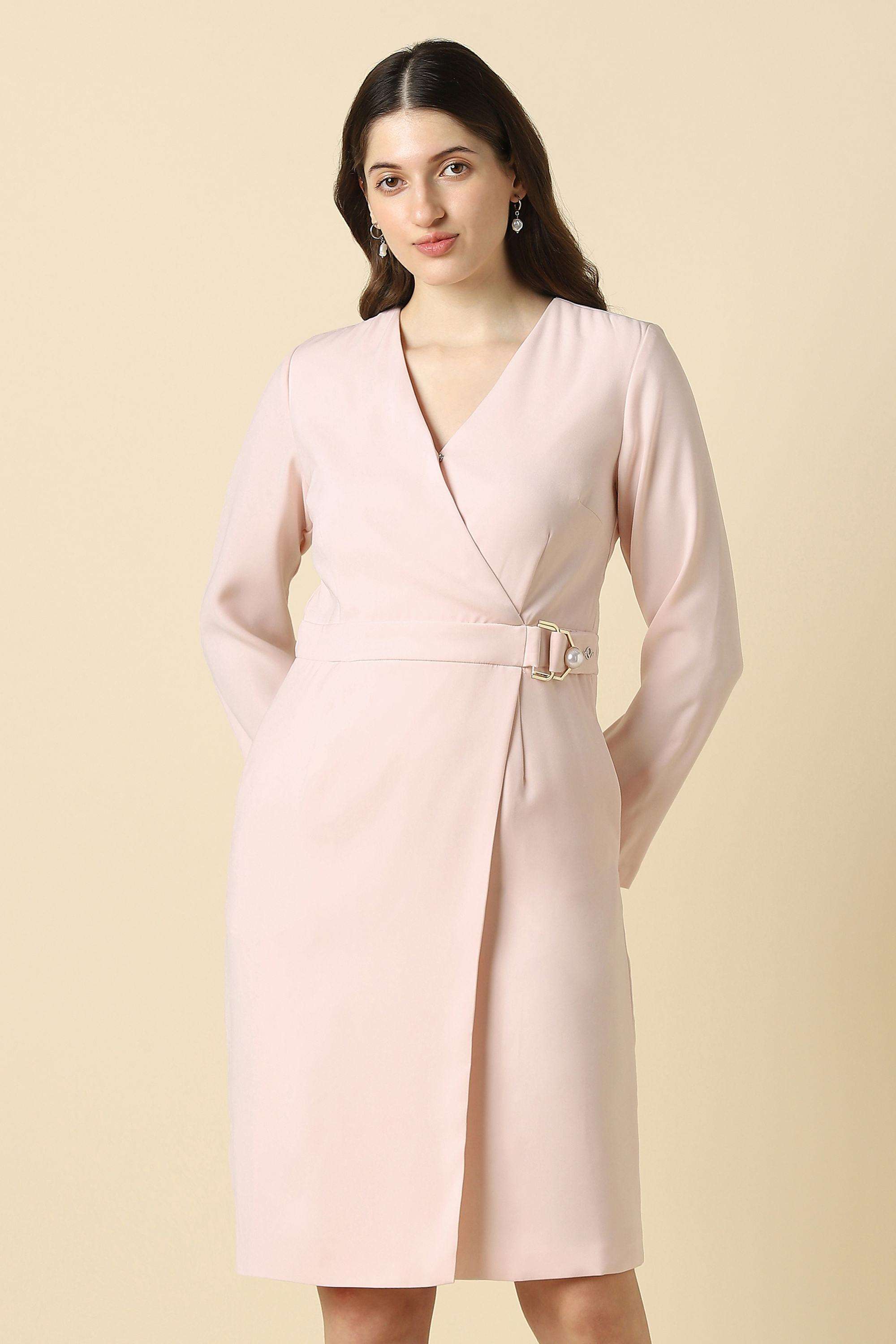 Solid-Polyester-V-Neck-Women-s-Dress