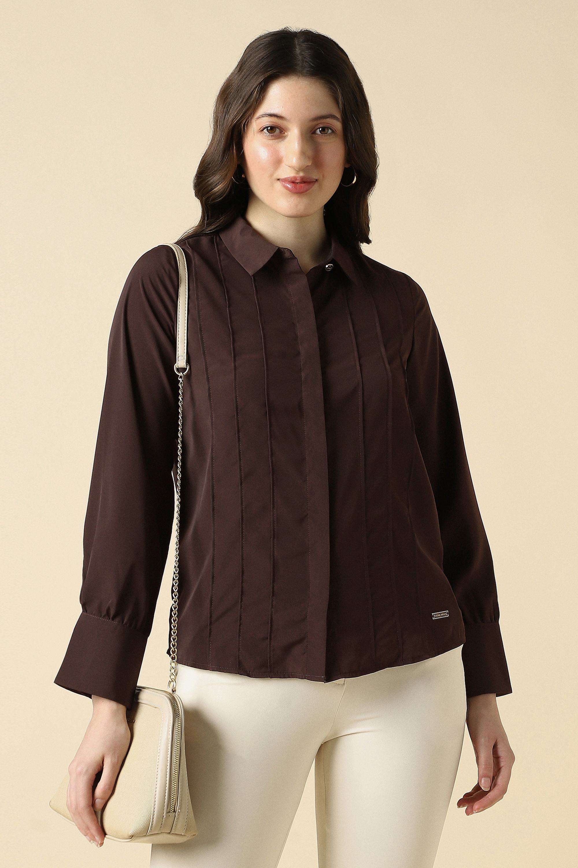 Solid-Polyester-V-Neck-Women-s-Shirt