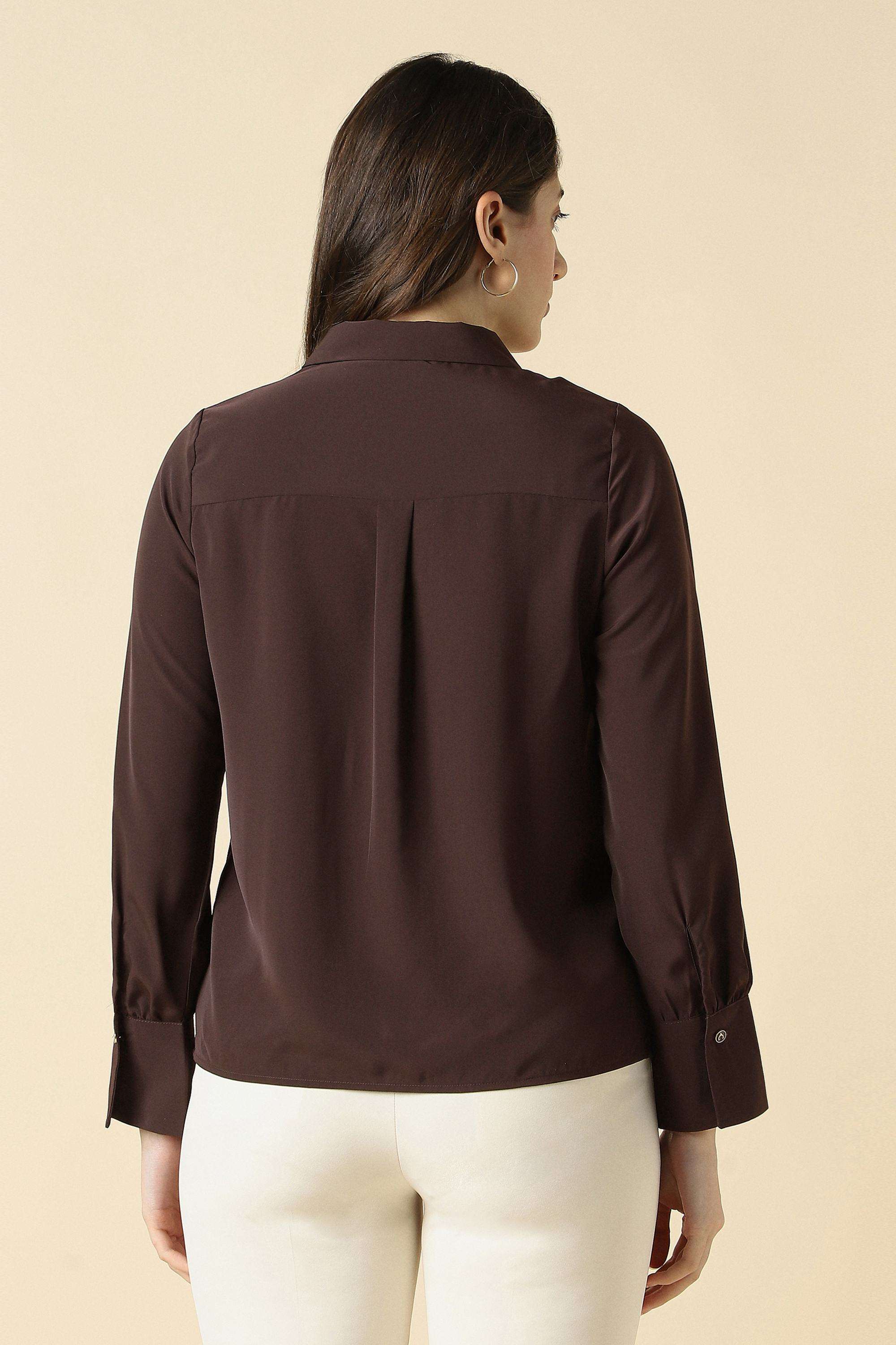 Solid-Polyester-V-Neck-Women-s-Shirt