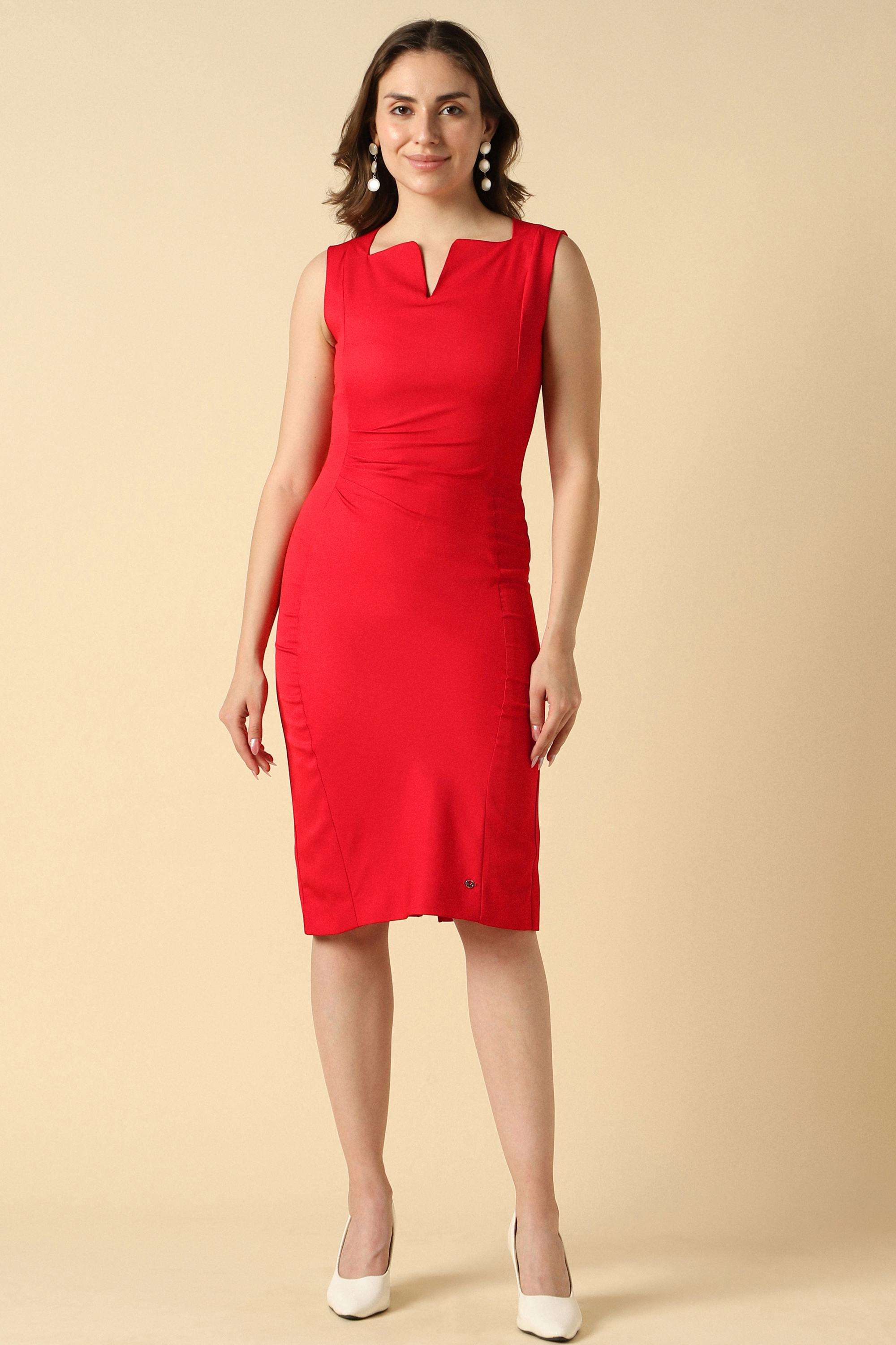 Solid-V-Neck-Polyester-Women-Dress