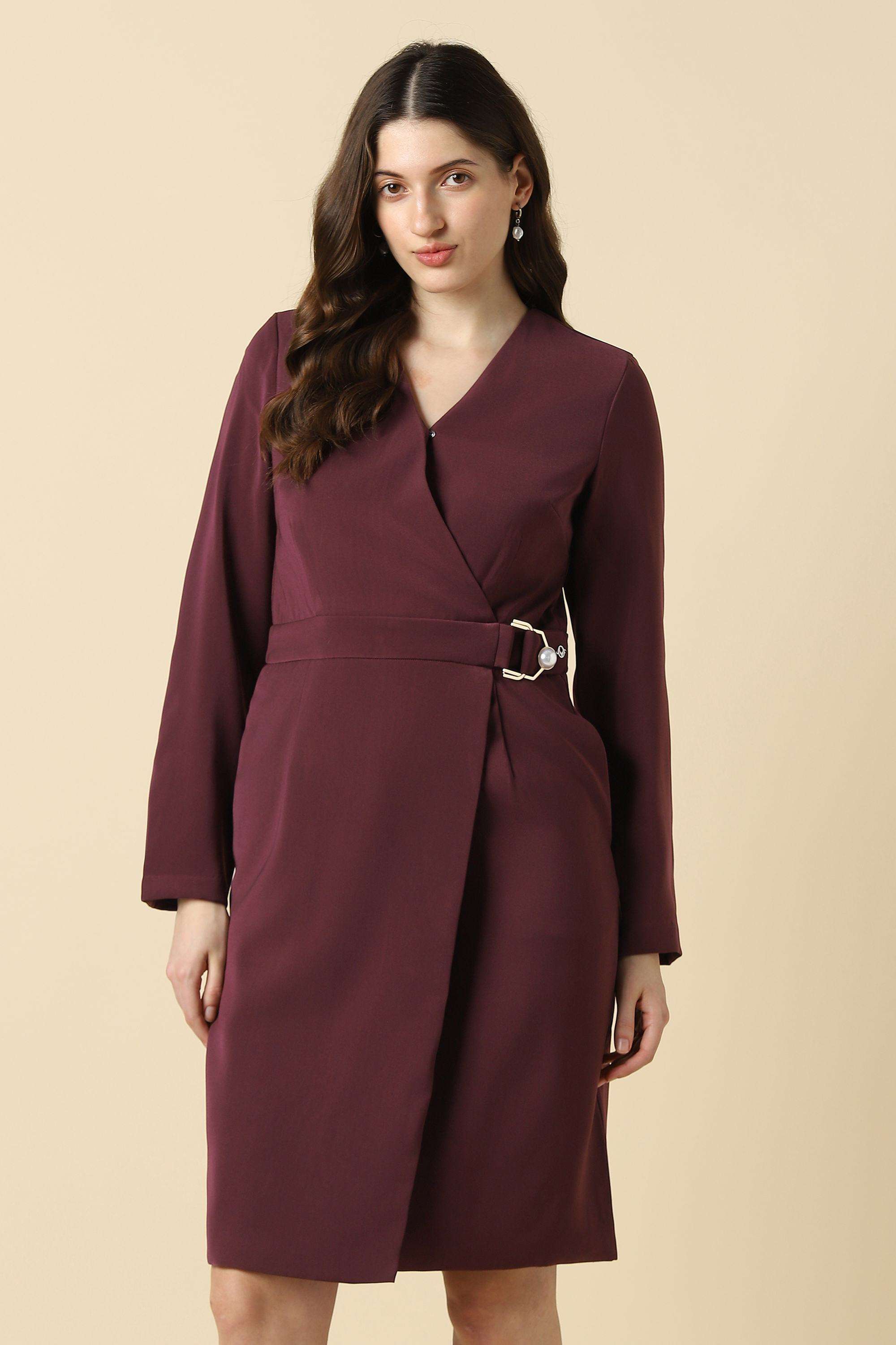 Solid-Polyester-V-Neck-Women-s-Dress
