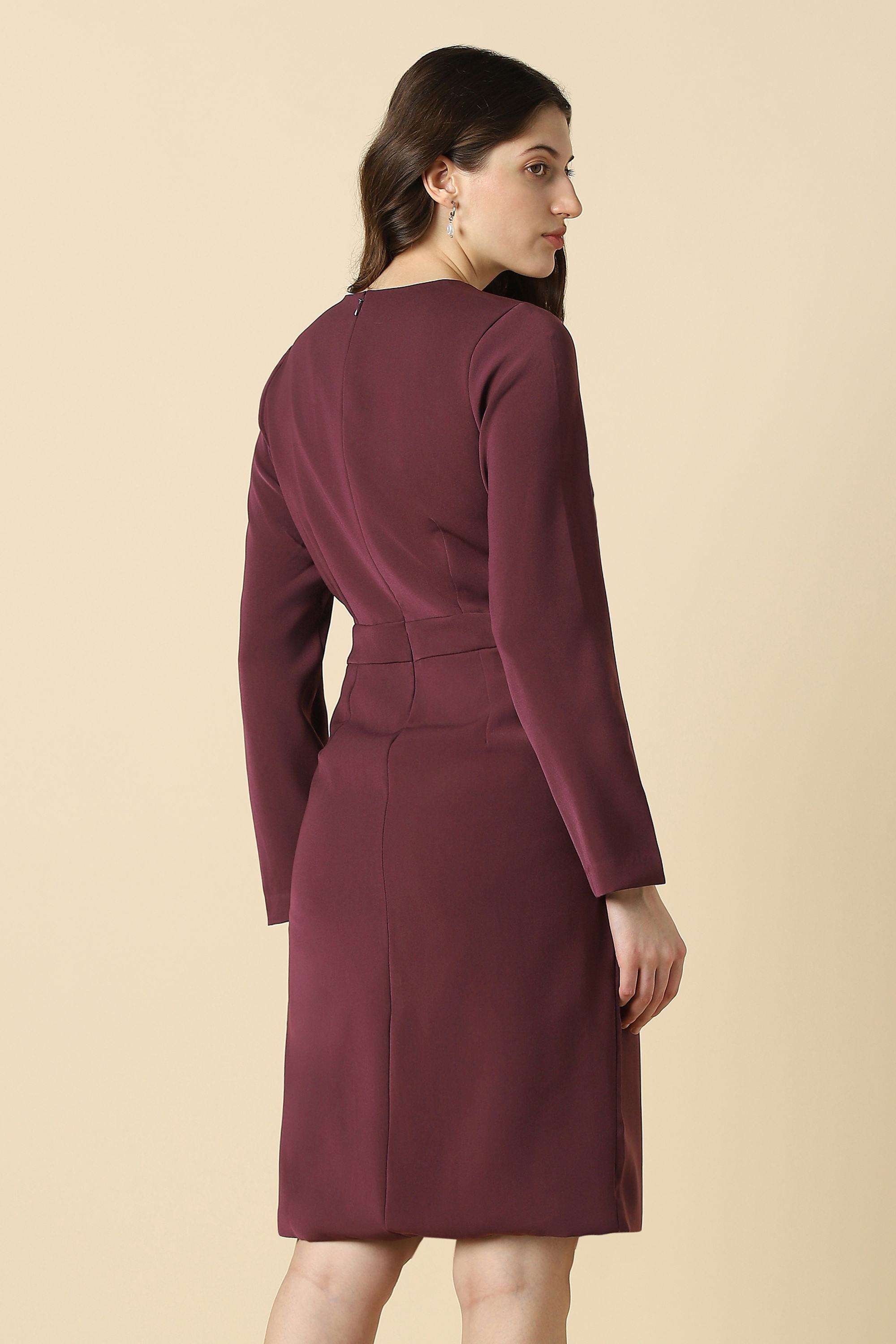 Solid-Polyester-V-Neck-Women-s-Dress