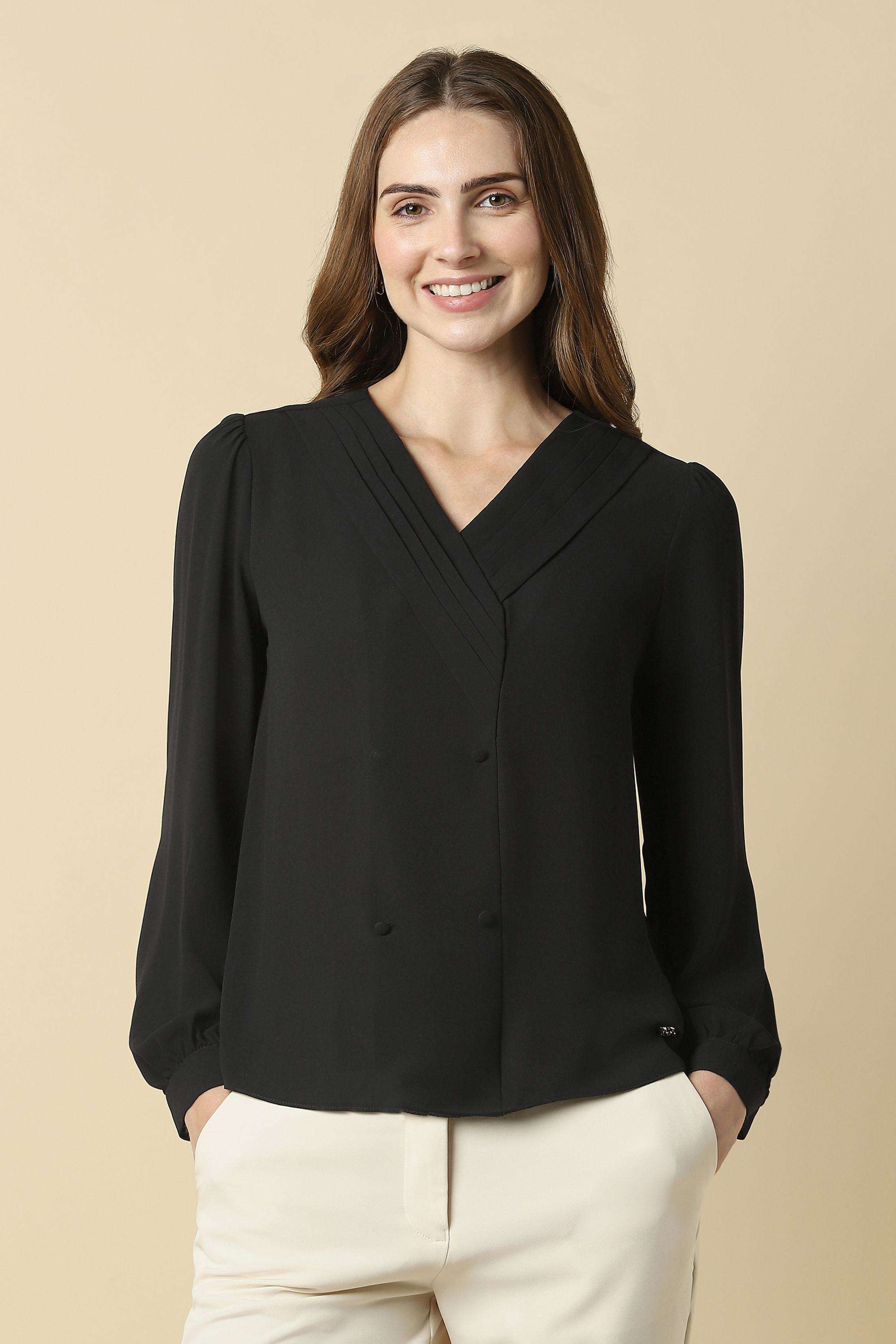 Solid-Polyester-V-Neck-Women-s-Top