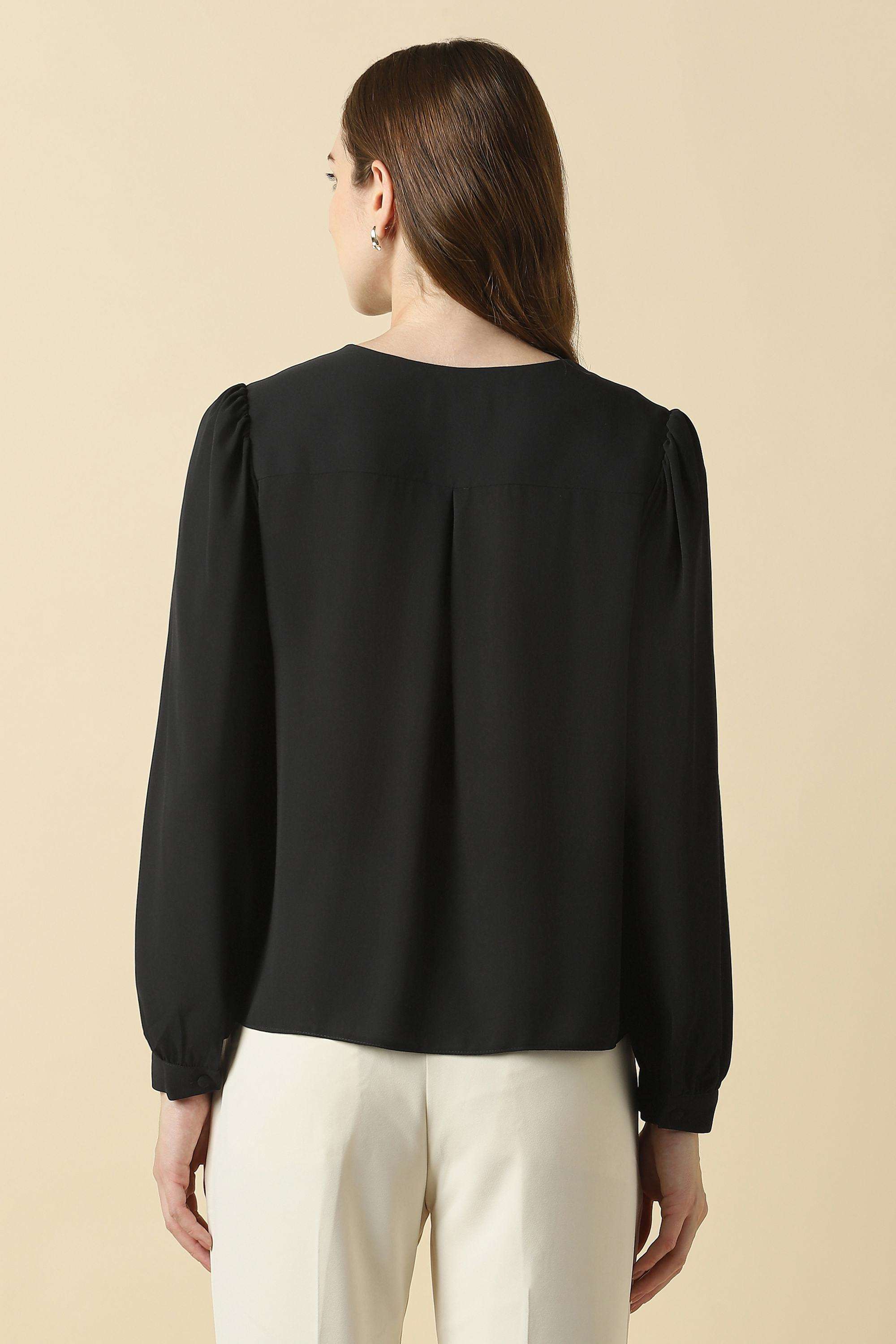 Solid-Polyester-V-Neck-Women-s-Top