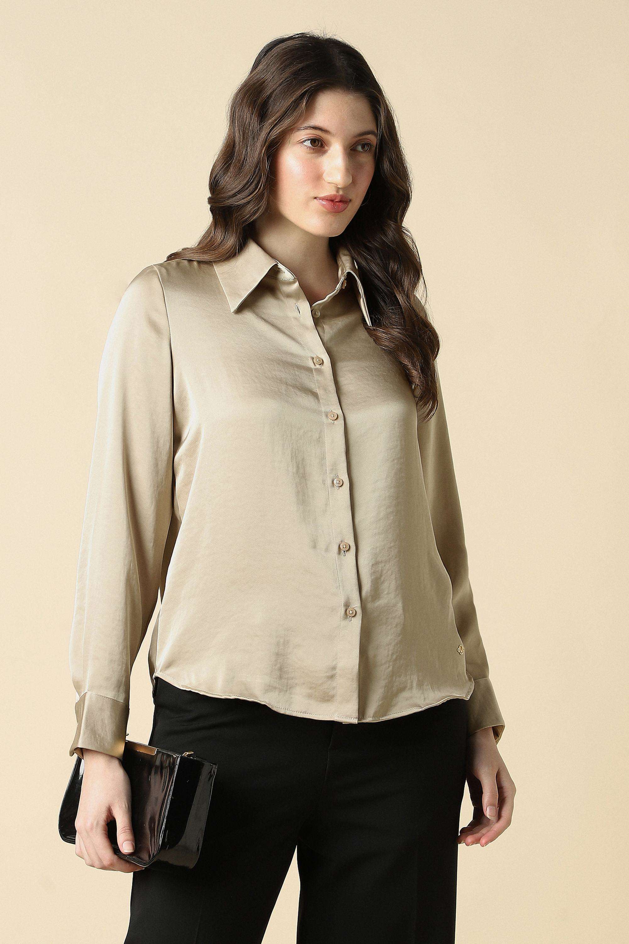 Solid-Polyester-V-Neck-Women-s-Shirt