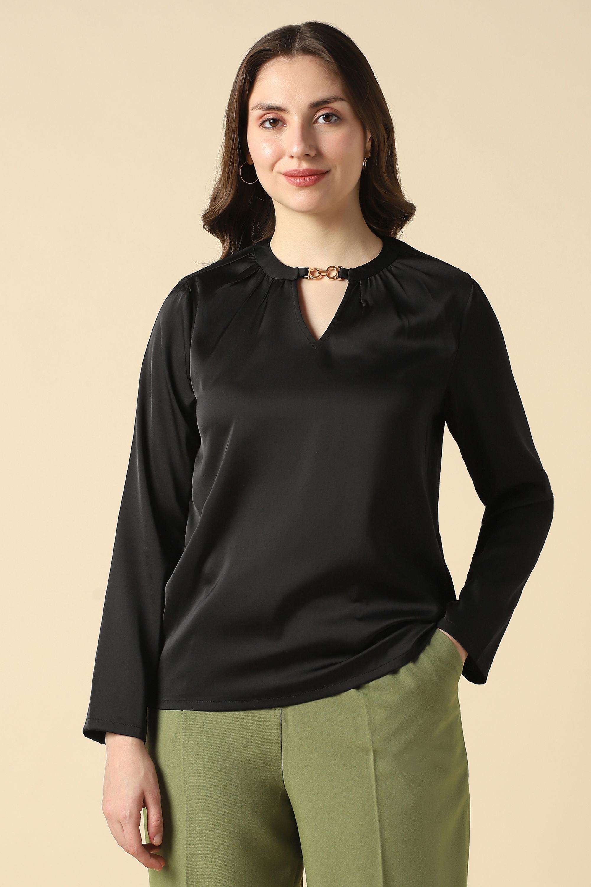 Solid-Polyester-Round-Neck-Women-s-Shirt