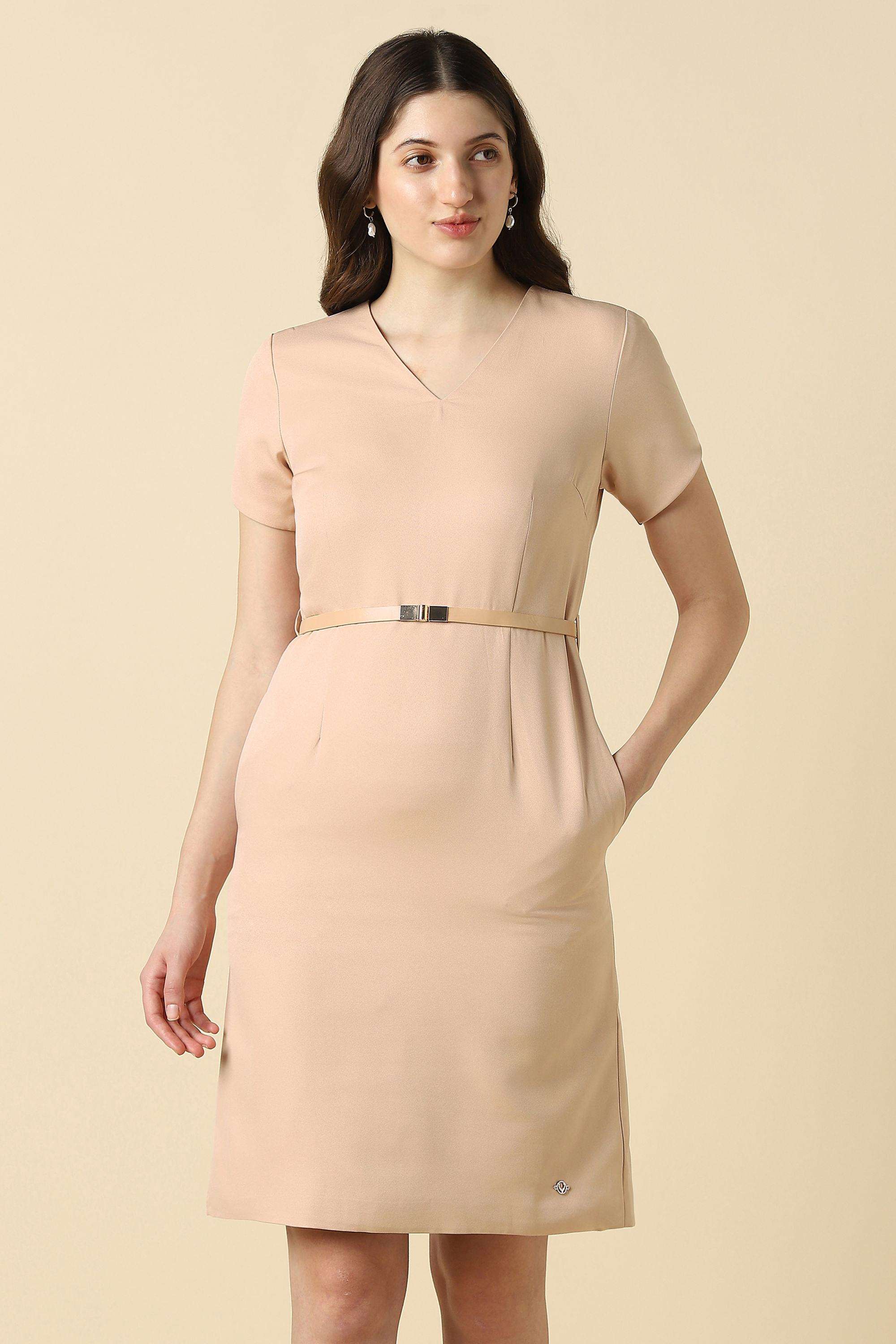 Solid-V-Neck-Polyester-Women-Dress