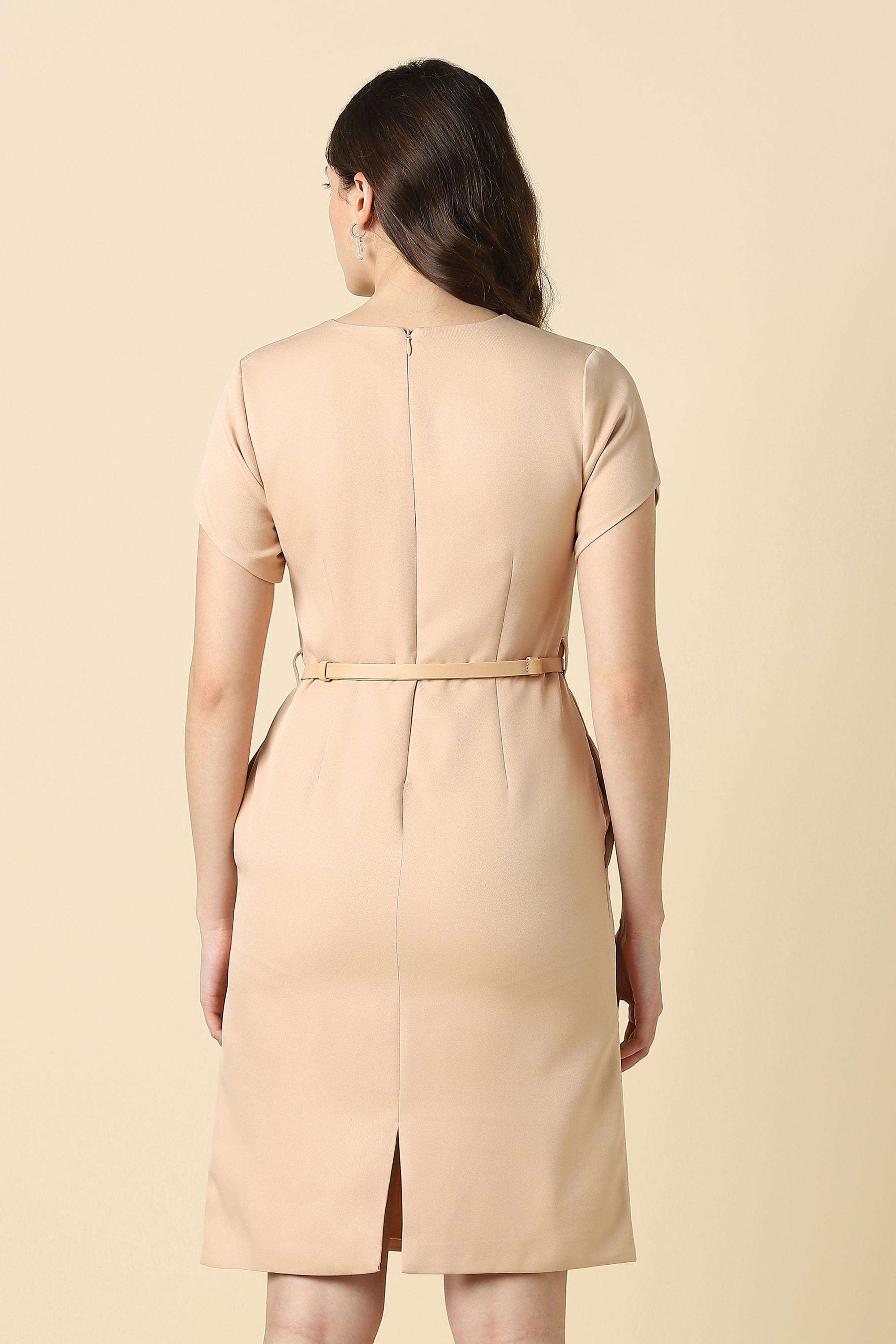 Solid-V-Neck-Polyester-Women-Dress