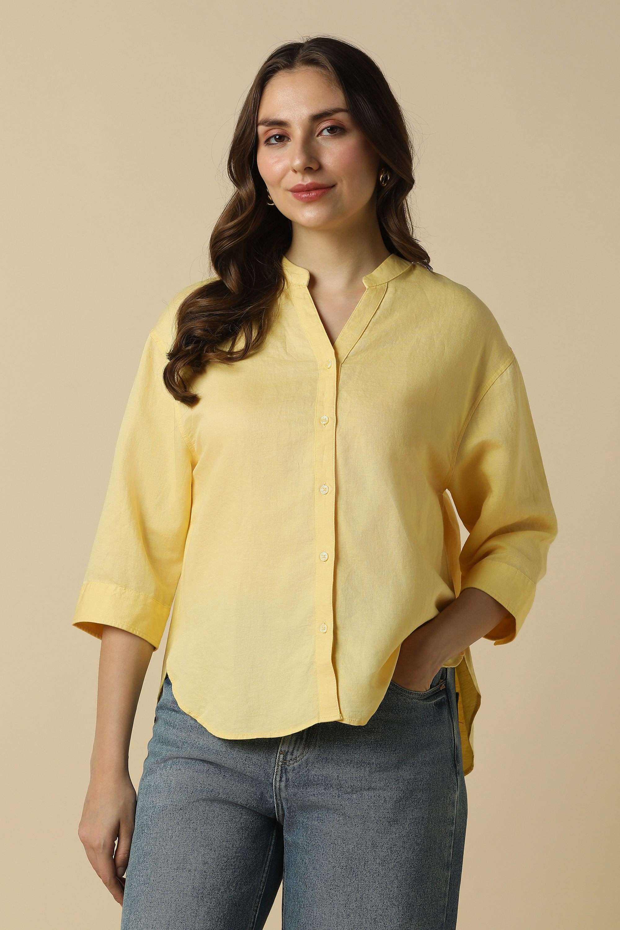 allen solly Solid Linen V-Neck Women's Top-picture-18