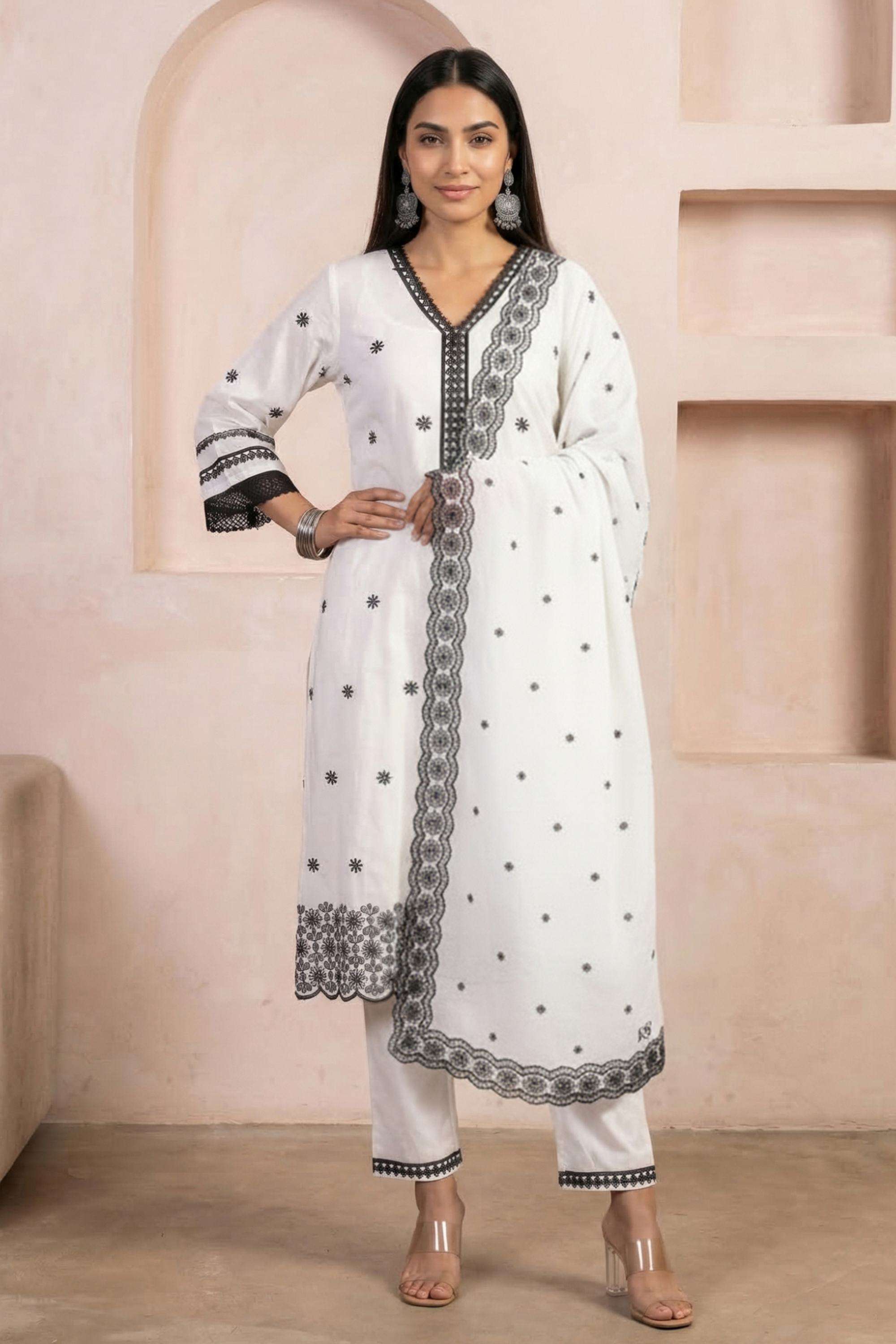 Embroidered-Cotton-V-Neck-Women-Kurta-with-Pant-and-Dupatta