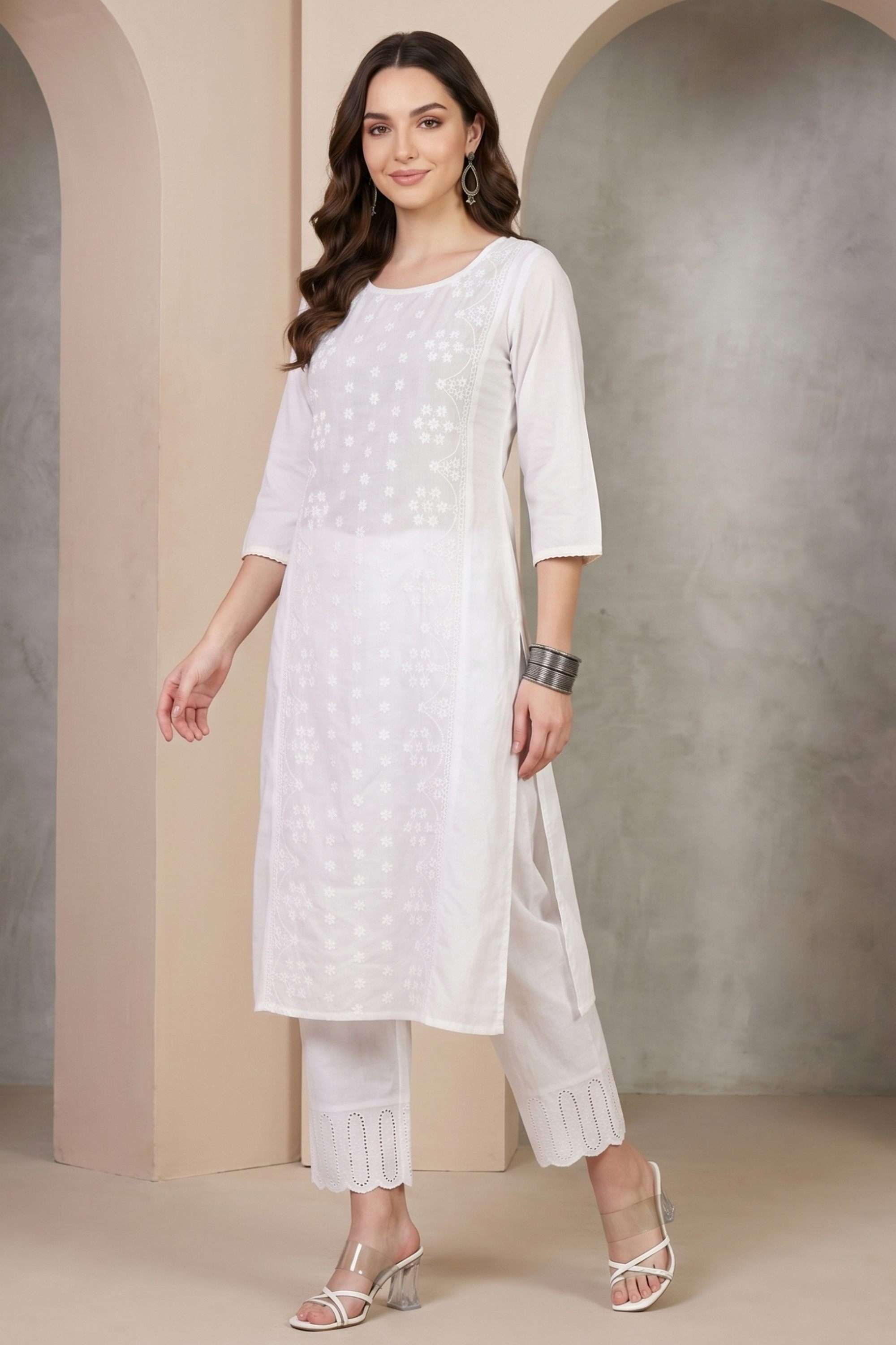 Embroidered-Cotton-Blend-Round-Neck-Women-s-Festive-Wear-Kurta