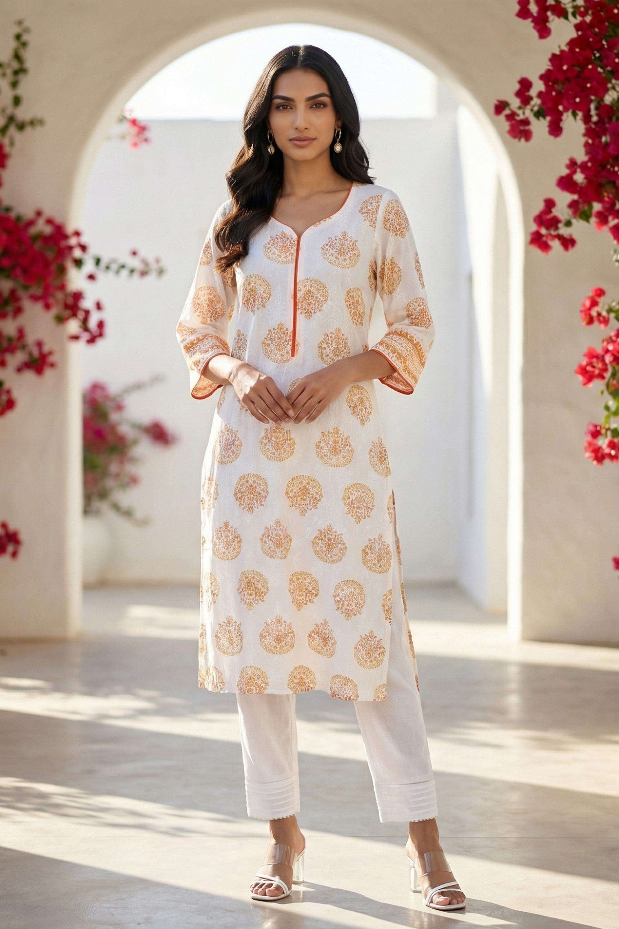 Buy Aurelia orange Textured Viscose V-Neck Women Kurta | Shoppers Stop