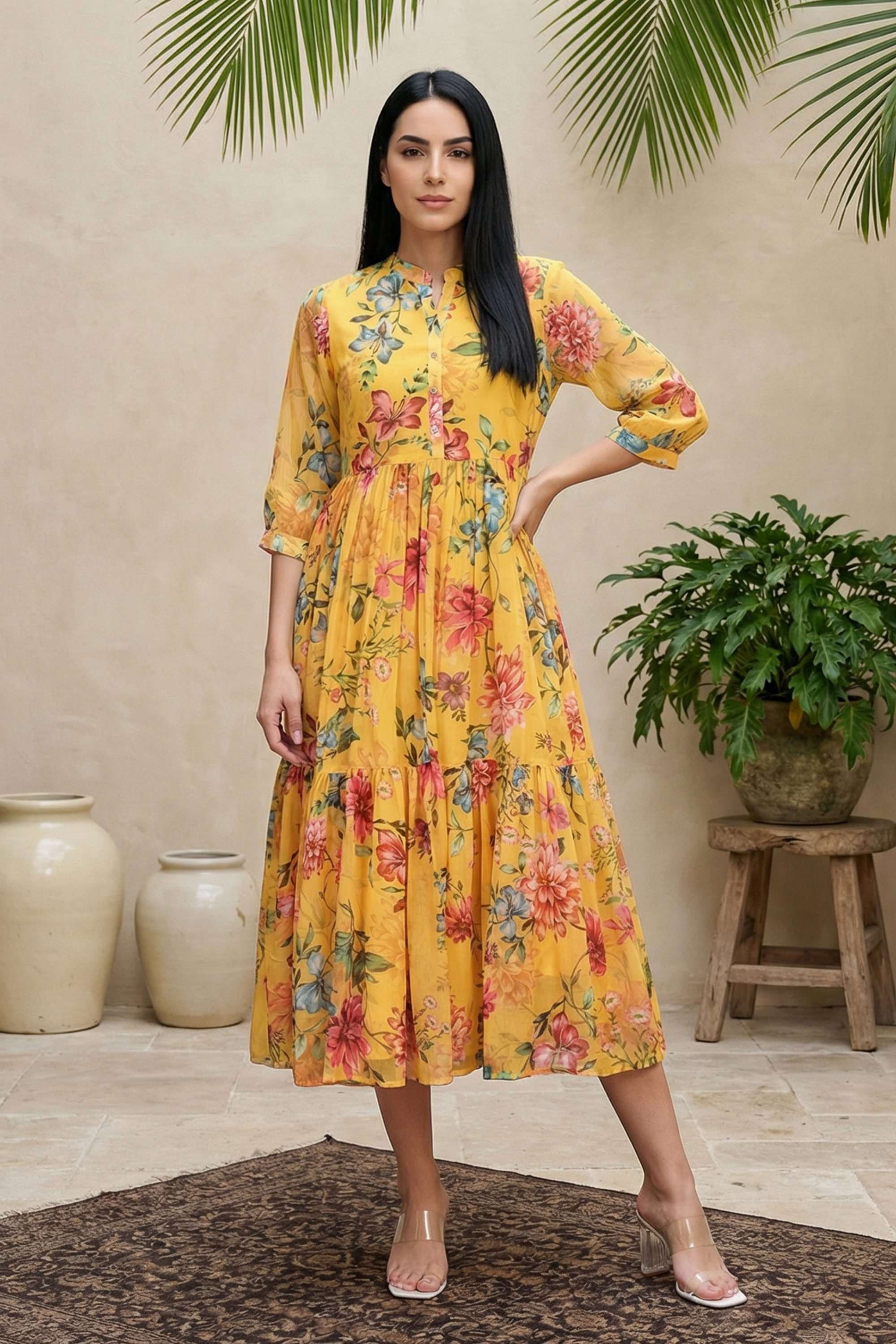 Printed-Round-Neck-Blended-Fabric-Women-Dress