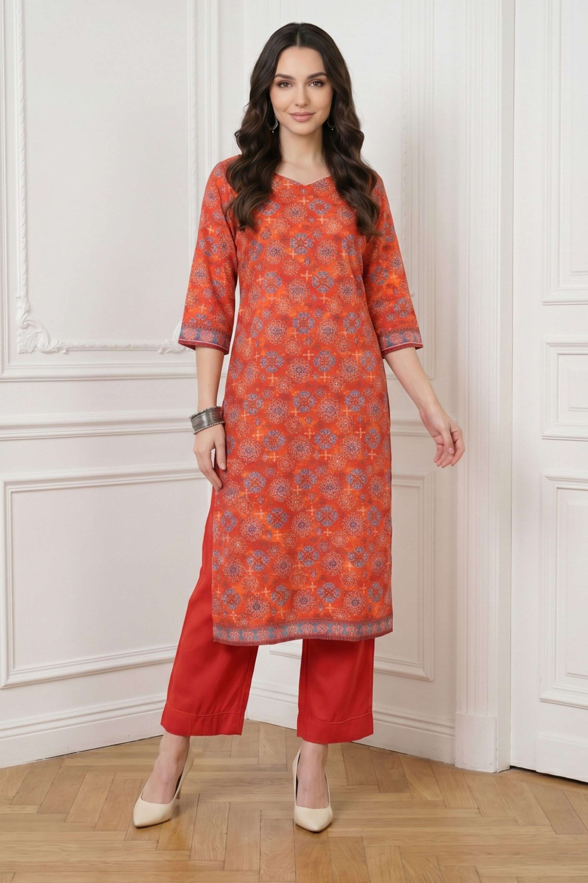Ethnic-Motifs-Blended-Fabric-V-Neck-Women-s-Casual-Wear-Kurta