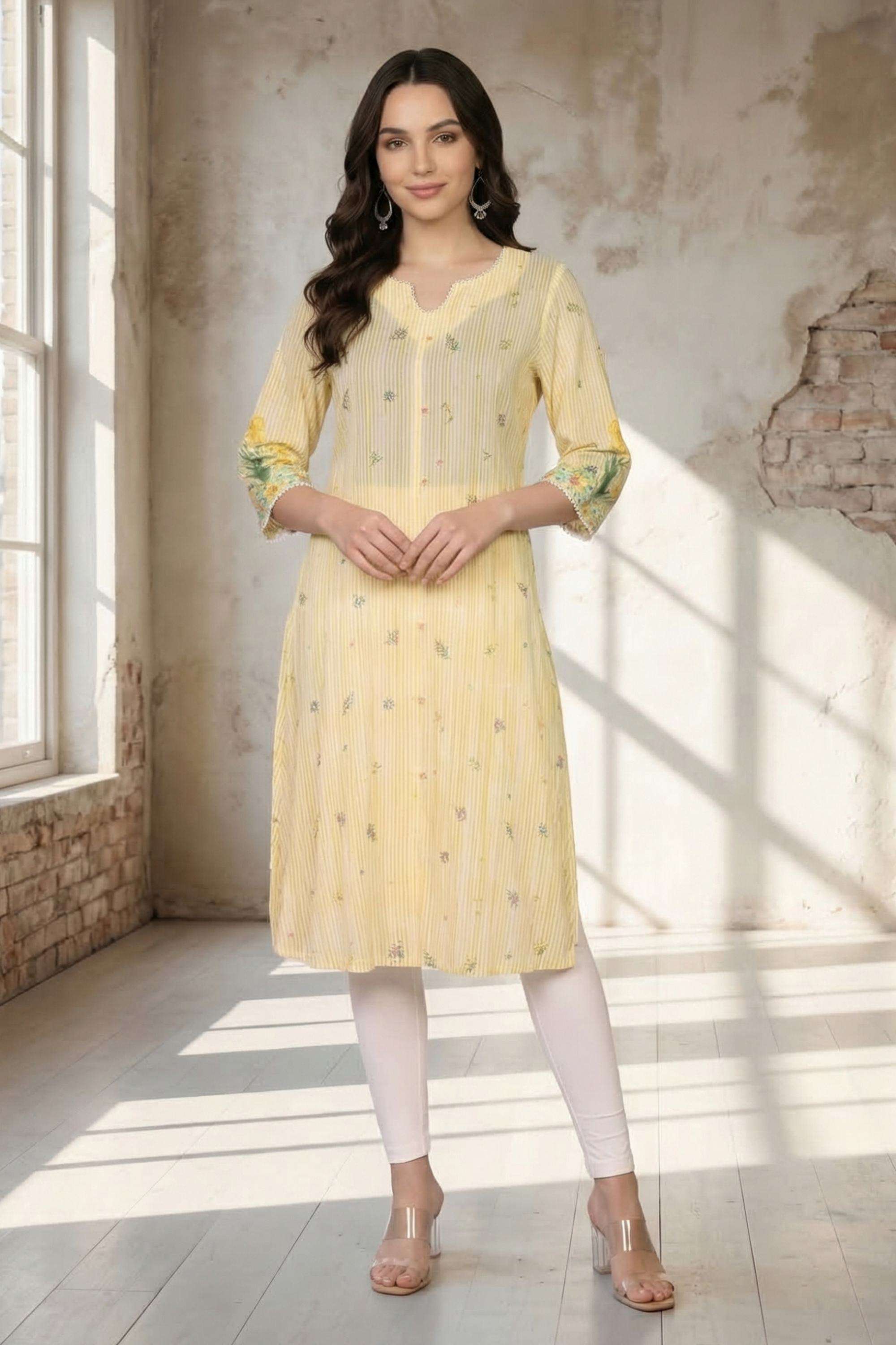Floral-Blended-Fabric-Round-Neck-Women-Kurta