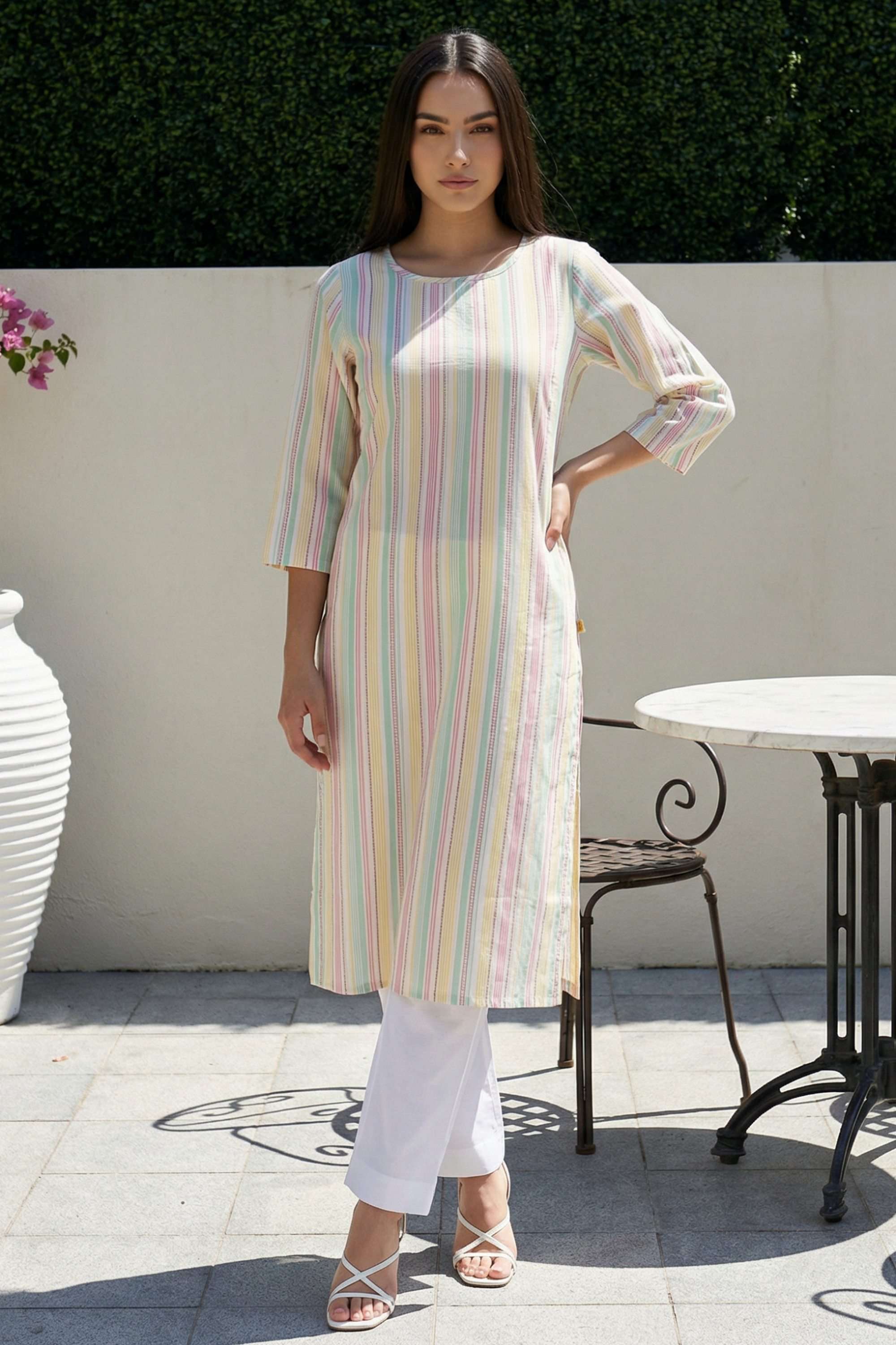 Stripes-Blended-Fabric-Round-Neck-Women-s-Festive-Wear-Kurta