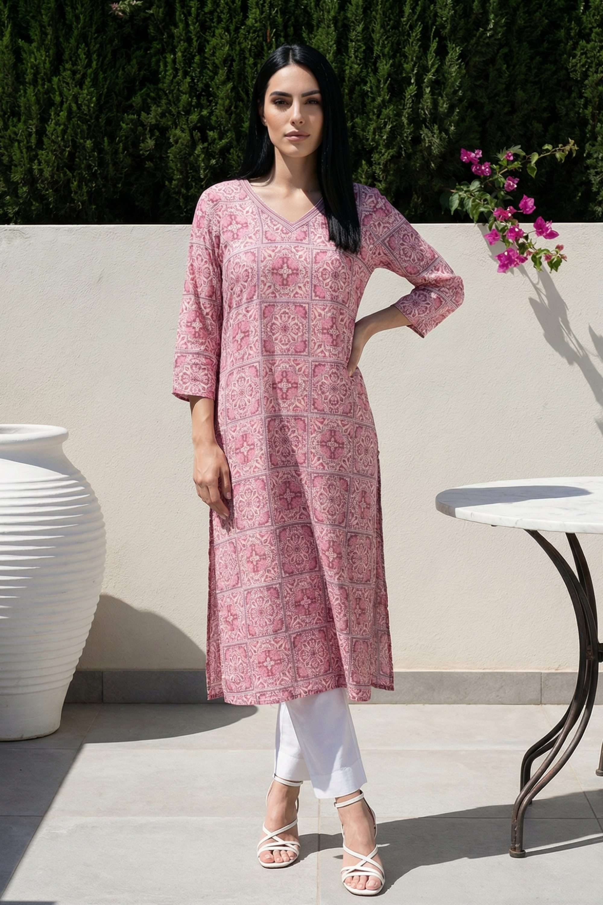 Geometric-Print-Blended-Fabric-V-Neck-Women-s-Festive-Wear-Kurta