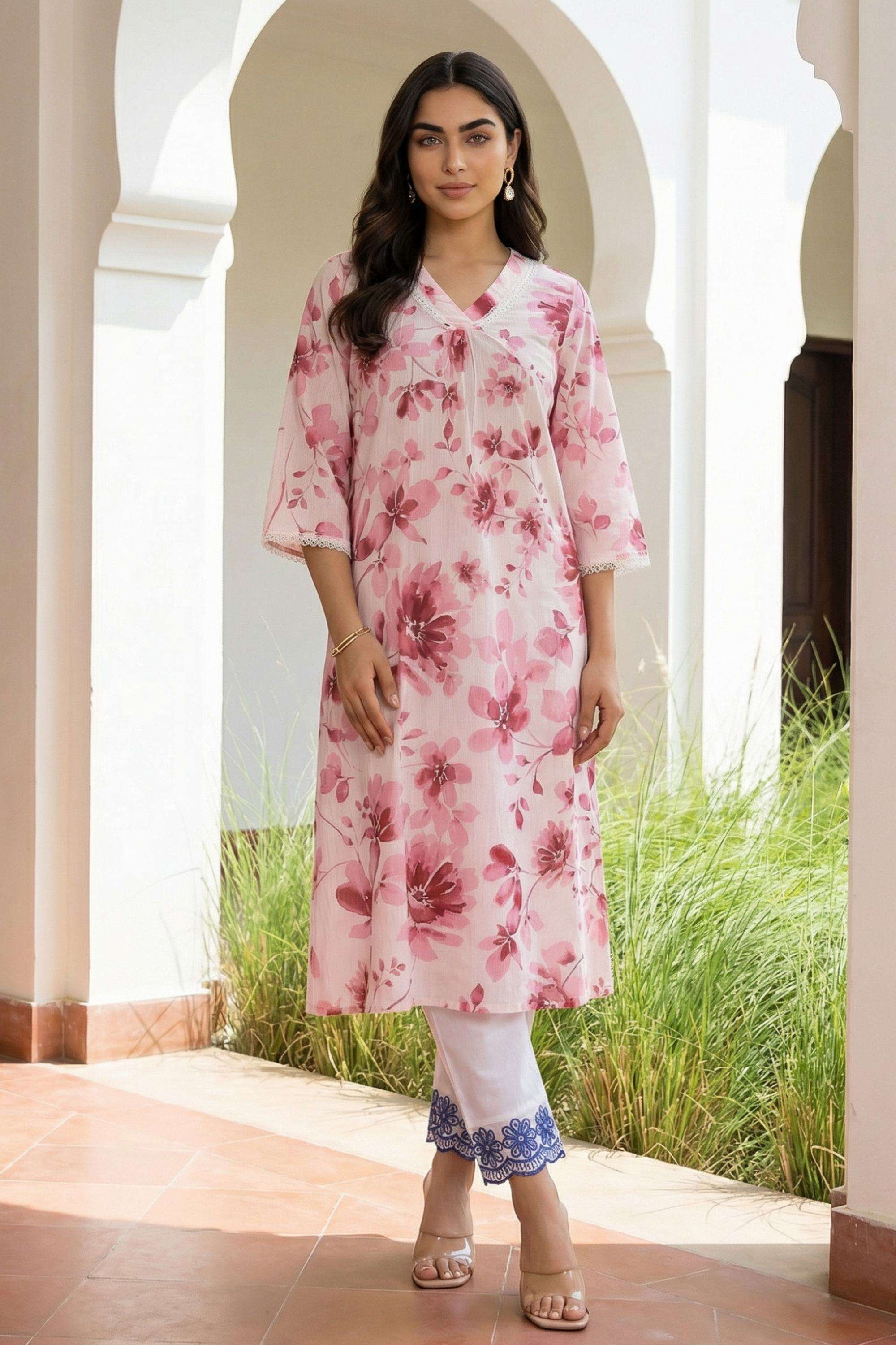 Floral-Blended-Fabric-V-Neck-Women-Kurta