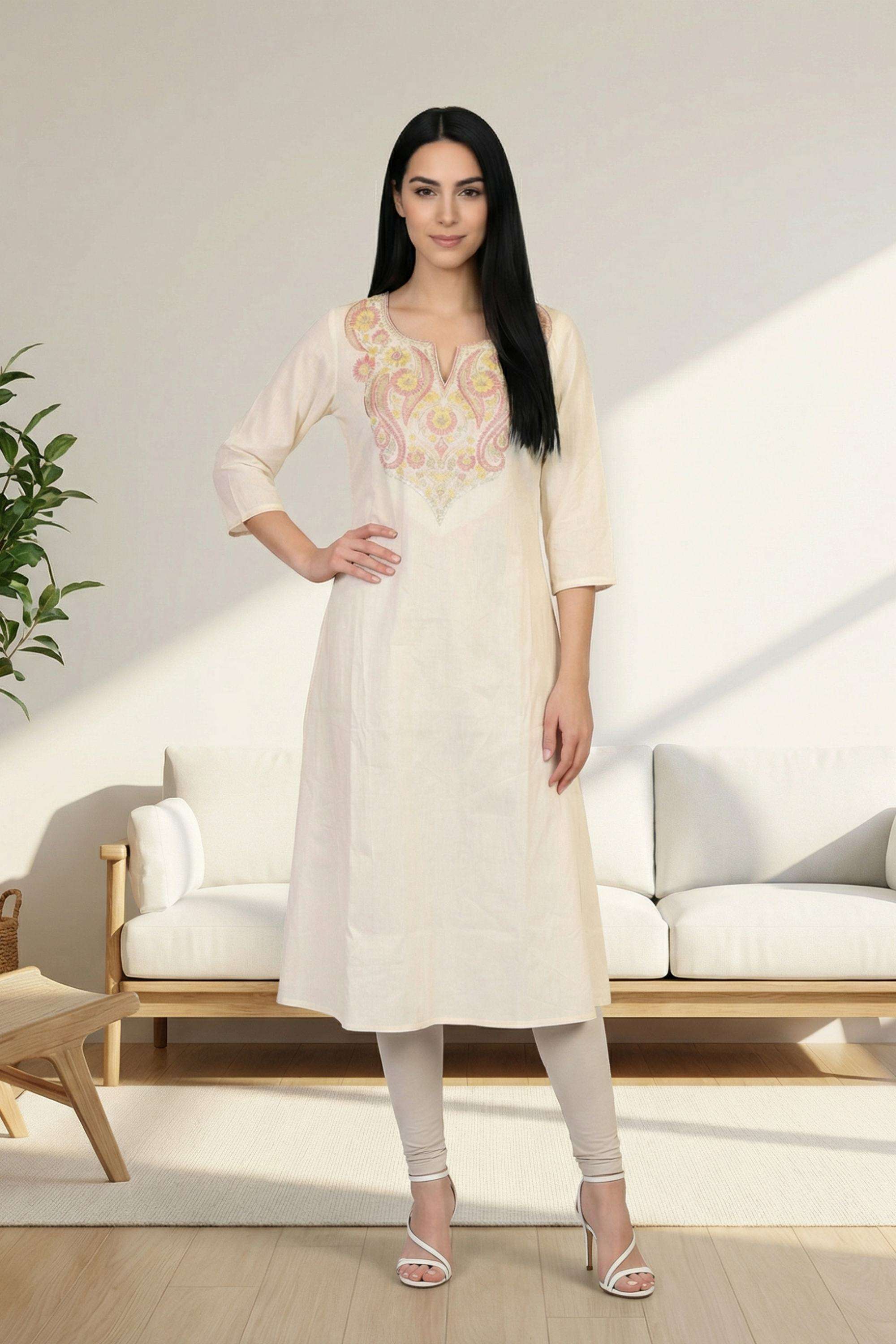 Embroidered-Blended-Fabric-Round-Neck-Women-Kurta