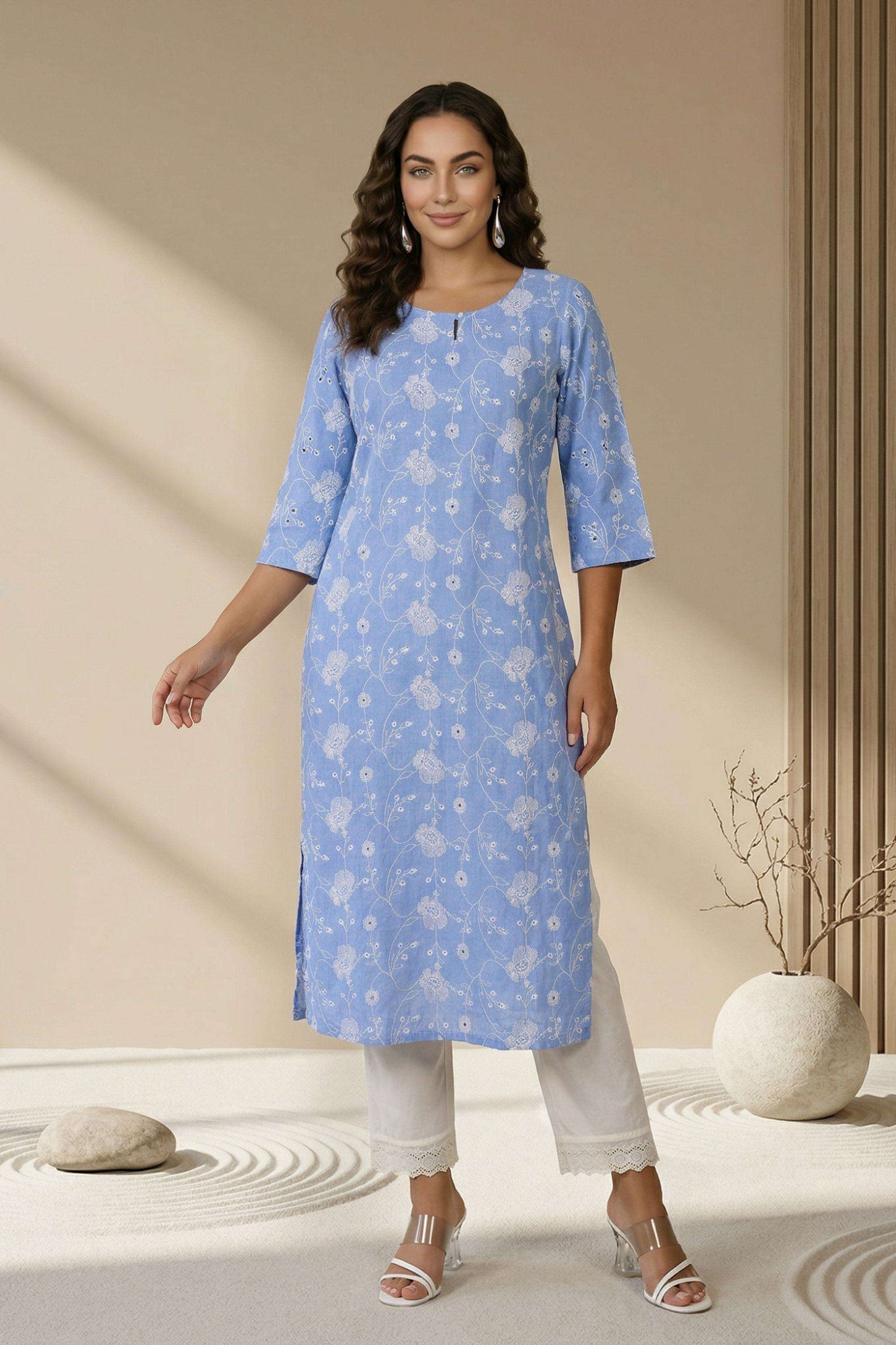 Textured-Blended-Fabric-Round-Neck-Women-Kurta