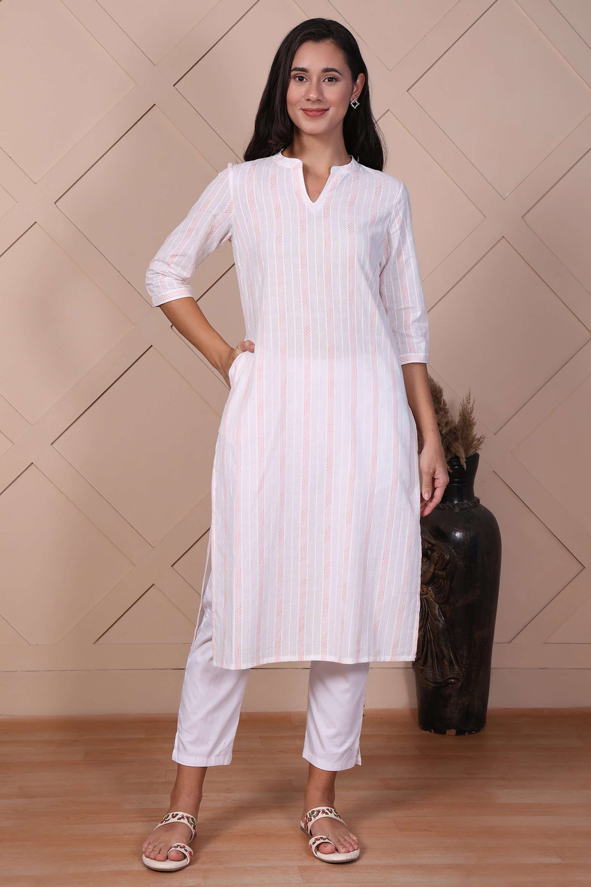 Stripes-Blended-Fabric-Round-Neck-Women-Festive-Wear-Kurta