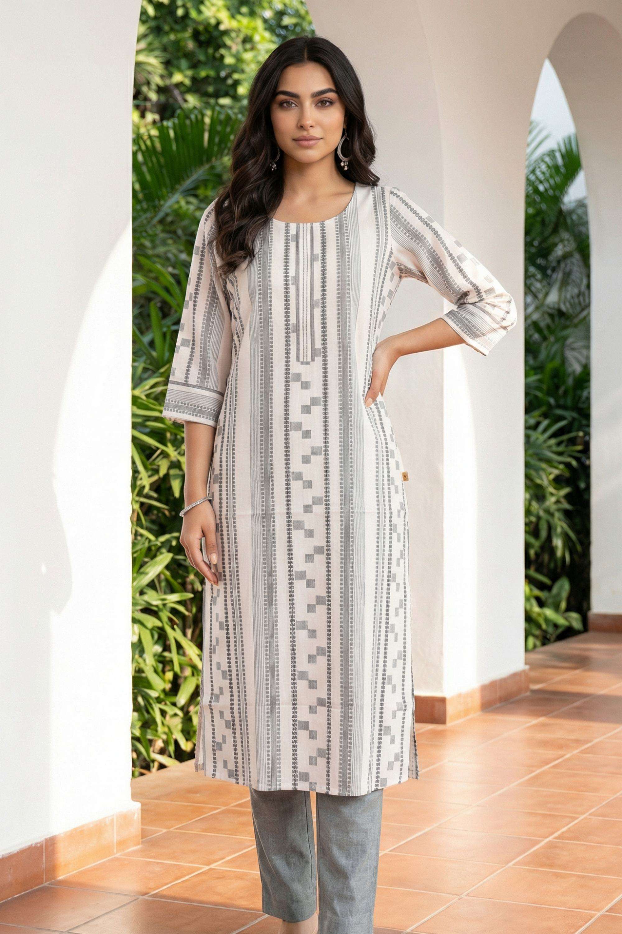 Geometric-Print-Blended-Fabric-Round-Neck-Women-s-Top