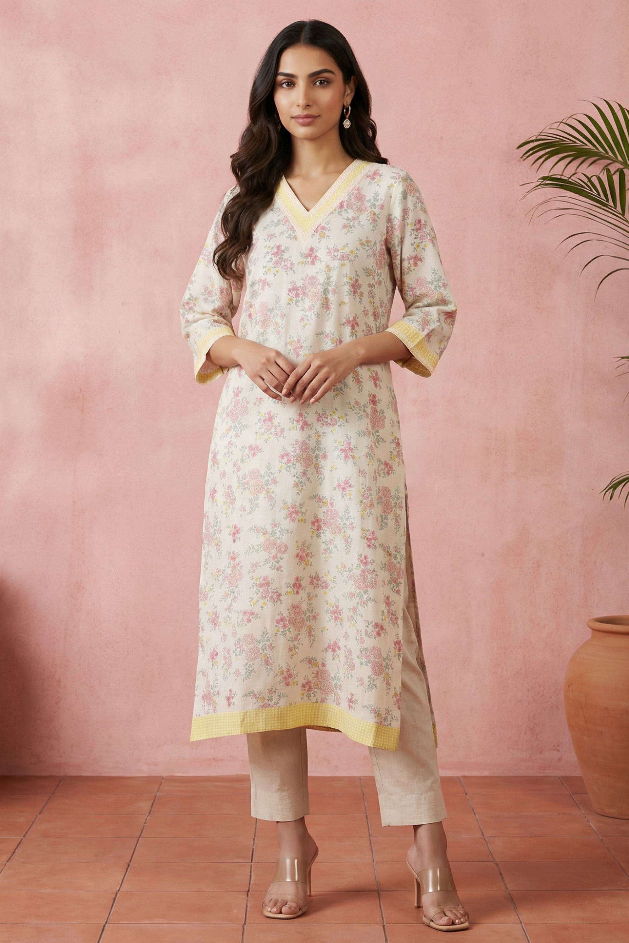 Floral-Rayon-V-Neck-Women-Kurta